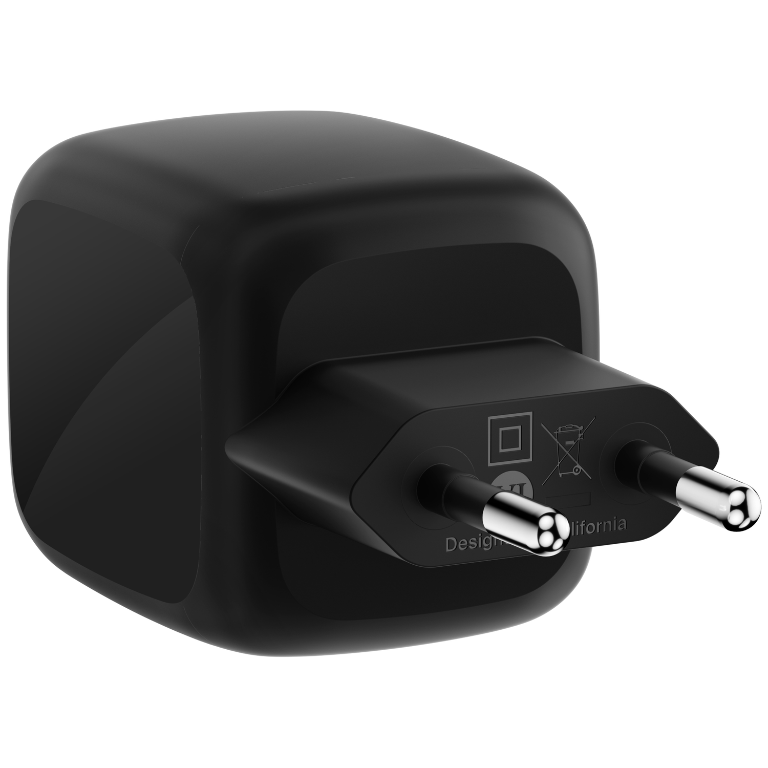 Black travel adapter with two round metal prongs and symbols.