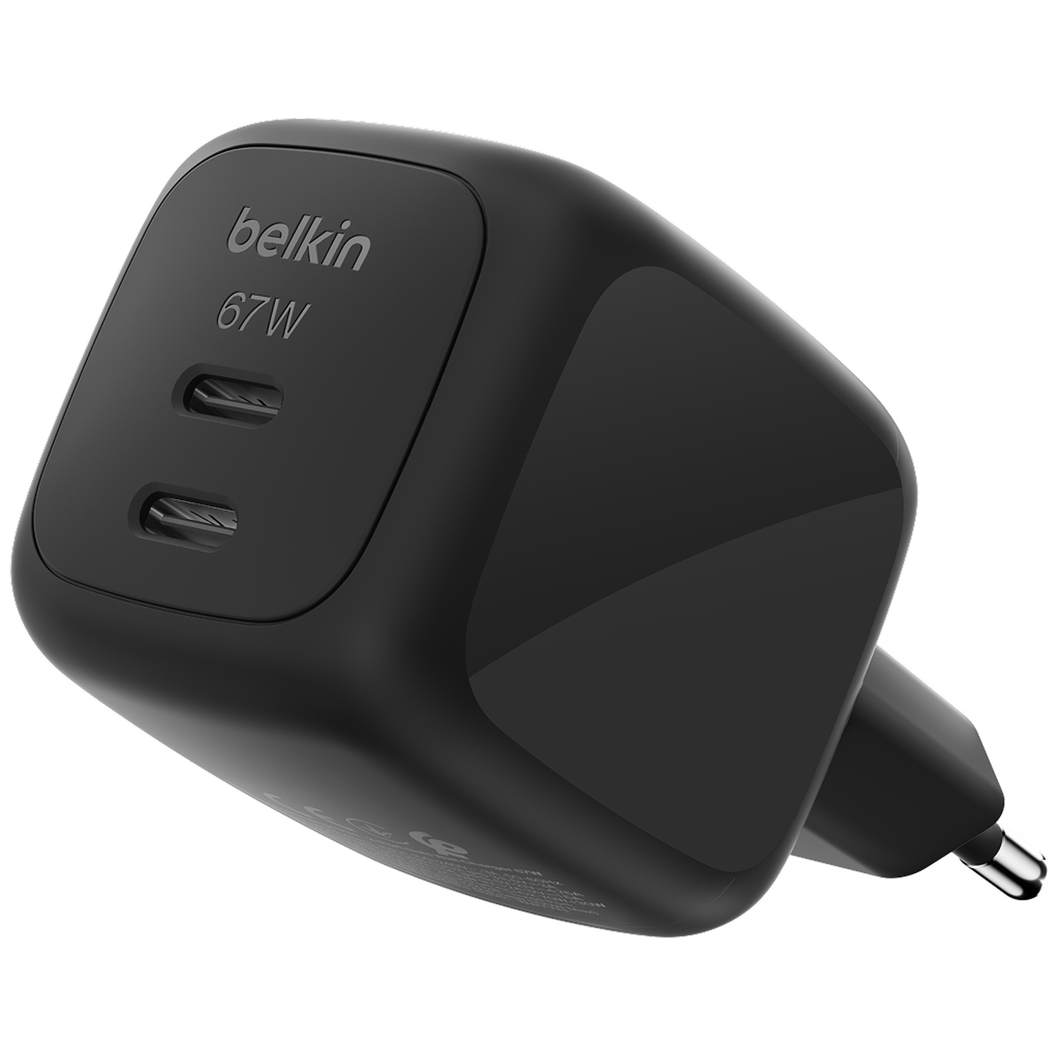 Black Belkin 67W dual-port USB-C charger with plug.