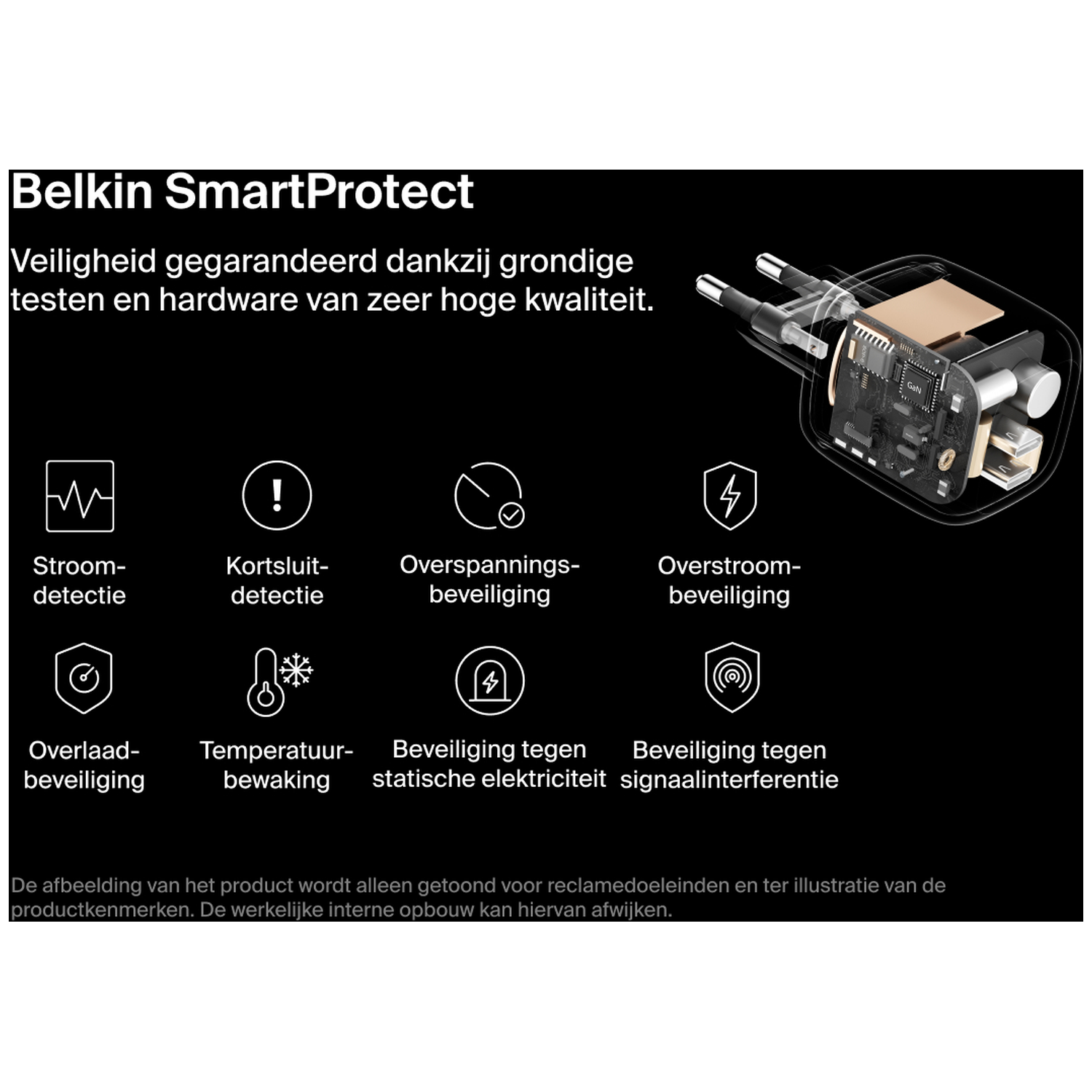 Belkin SmartProtect: Charger with safety features. Internal view shows GaN technology.