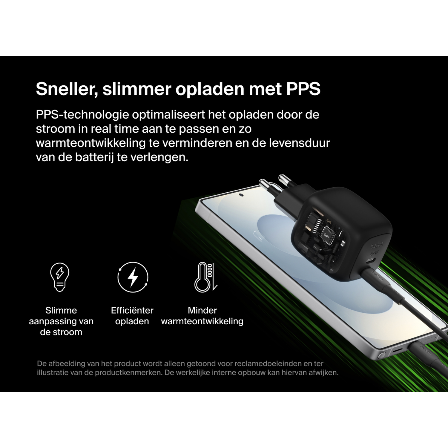 A black charger with PPS technology charges a smartphone.