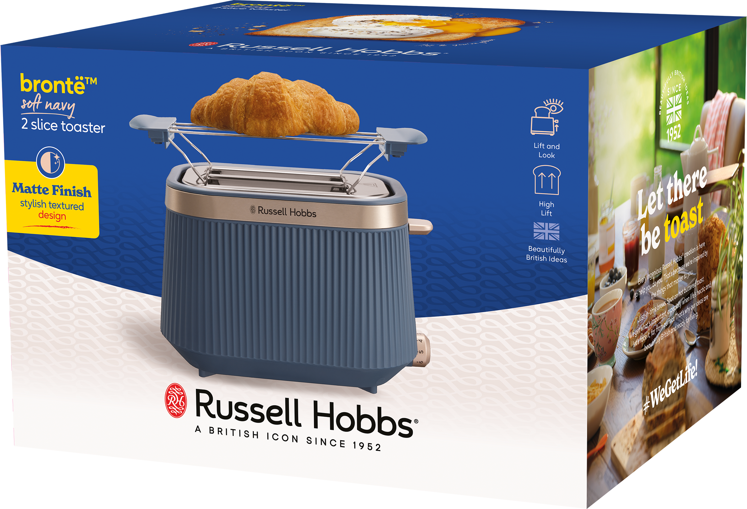 Egy tengerészkék Russell Hobbs 2 szeletes pirítós, croissanttal melegentartó rácson.