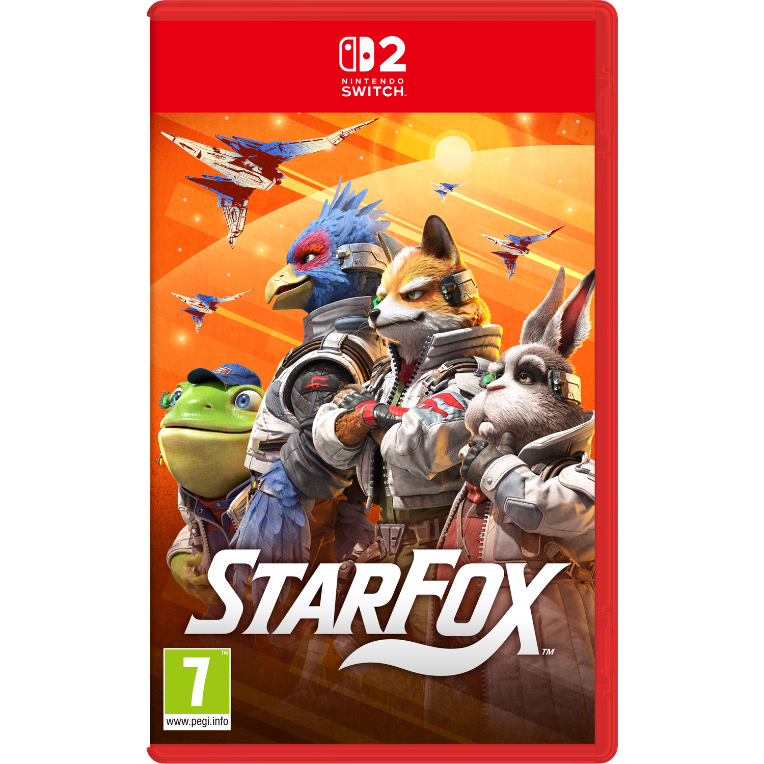 Couverture du jeu Star Fox avec des animaux anthropomorphes en combinaisons et vaisseaux spatiaux.