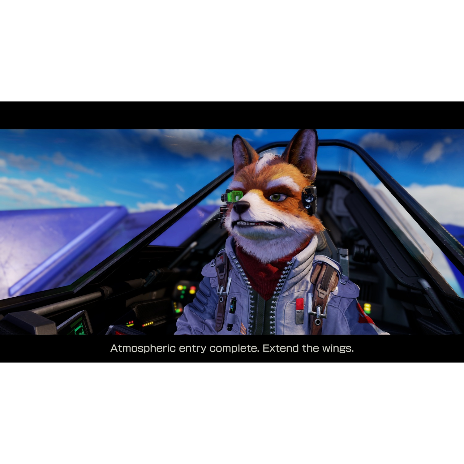 Un renard anthropomorphe en combinaison de vol dans un cockpit de jour.