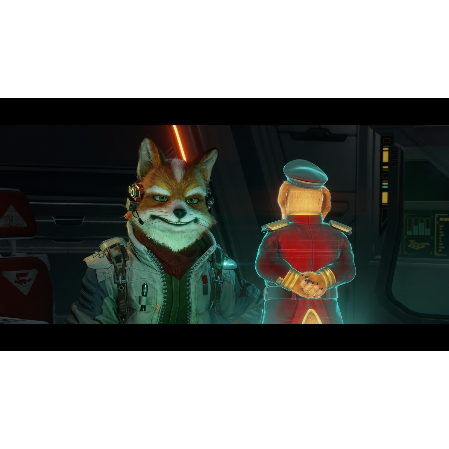 Un renard avec un casque et un ours en uniforme se font face.