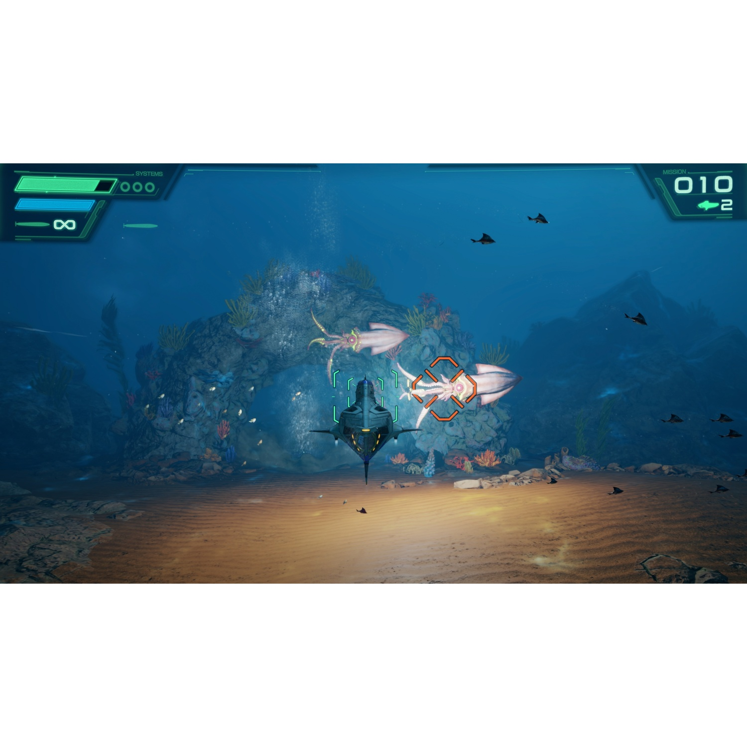 Un sous-marin navigue dans une scène sous-marine avec coraux et poissons.