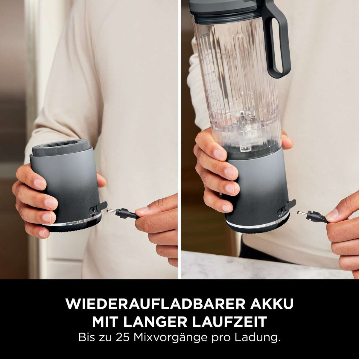 Ein Mann lädt einen tragbaren Mixer auf, indem er ein Kabel an den Sockel anschließt.
