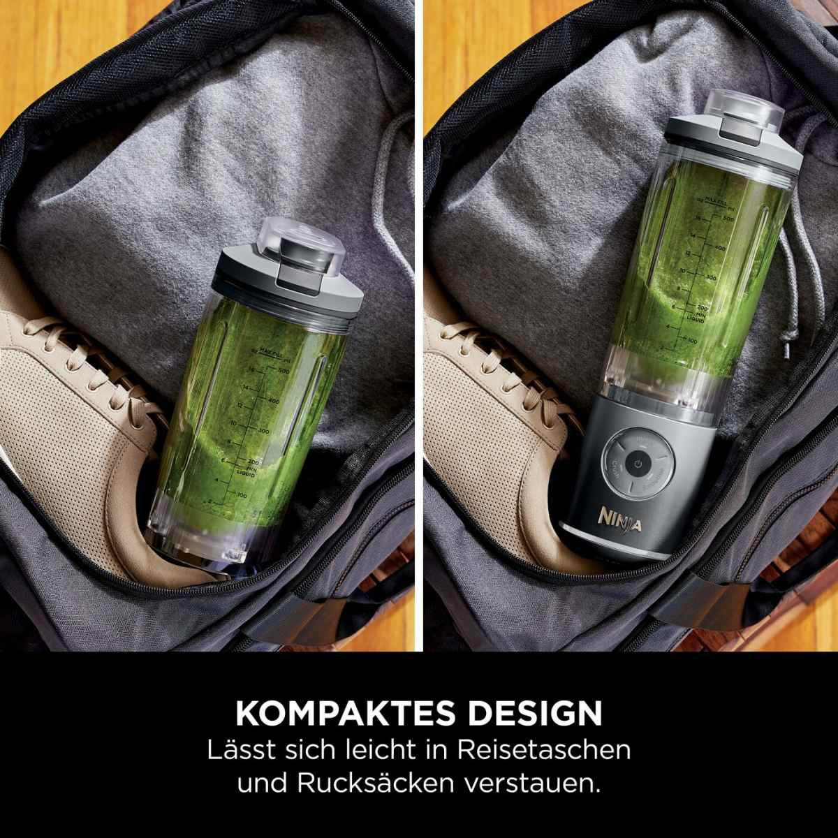 Ein Mixerbehälter mit grünem Smoothie in einem Rucksack neben einem Schuh.