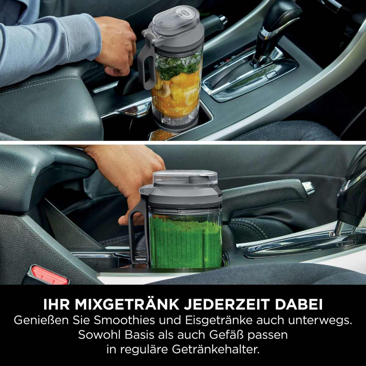Tragbarer Mixer mit Früchten und grünen Zutaten im Auto.