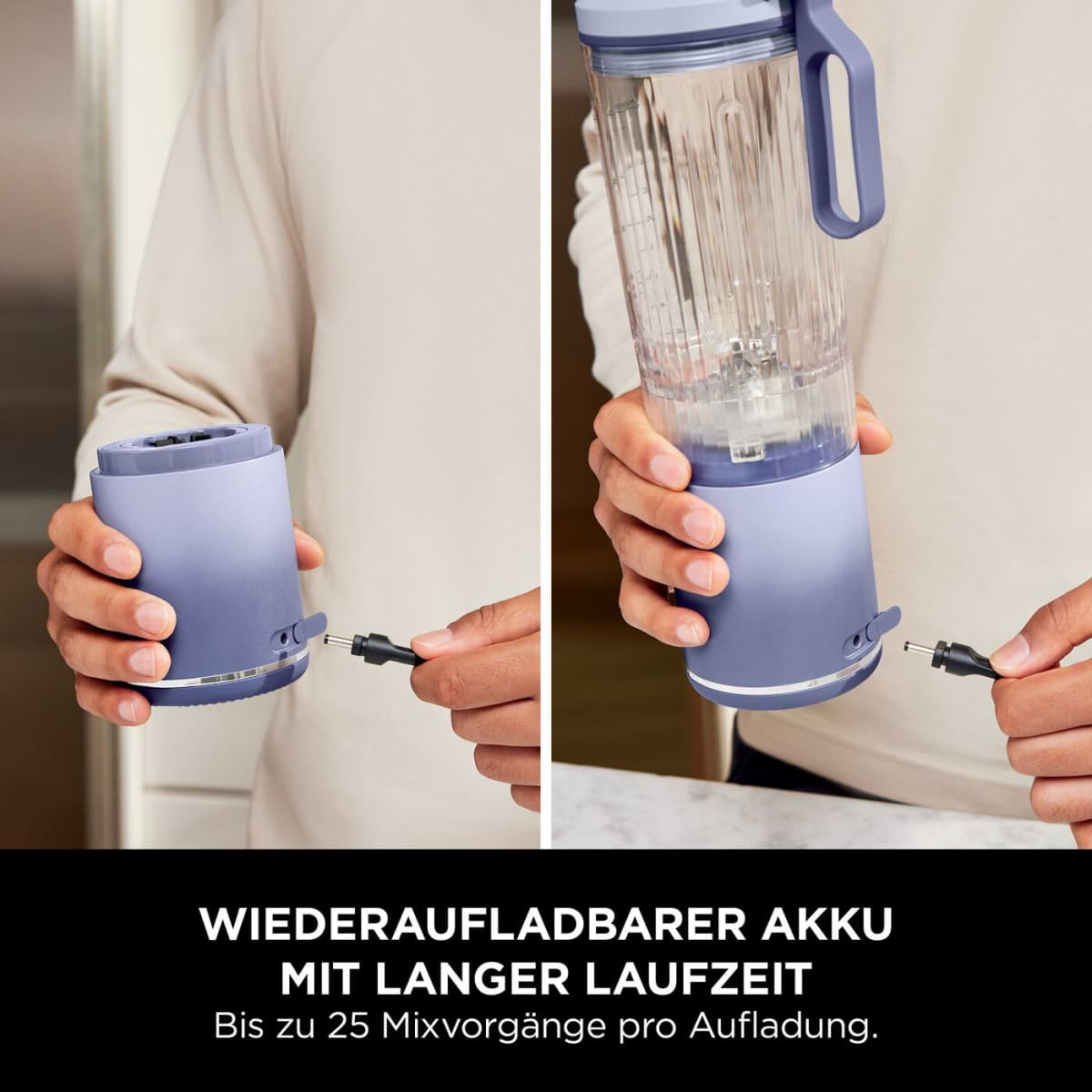 Un homme branche un câble de chargement à un mixeur portable. La base est à gauche, le mixeur complet à droite.