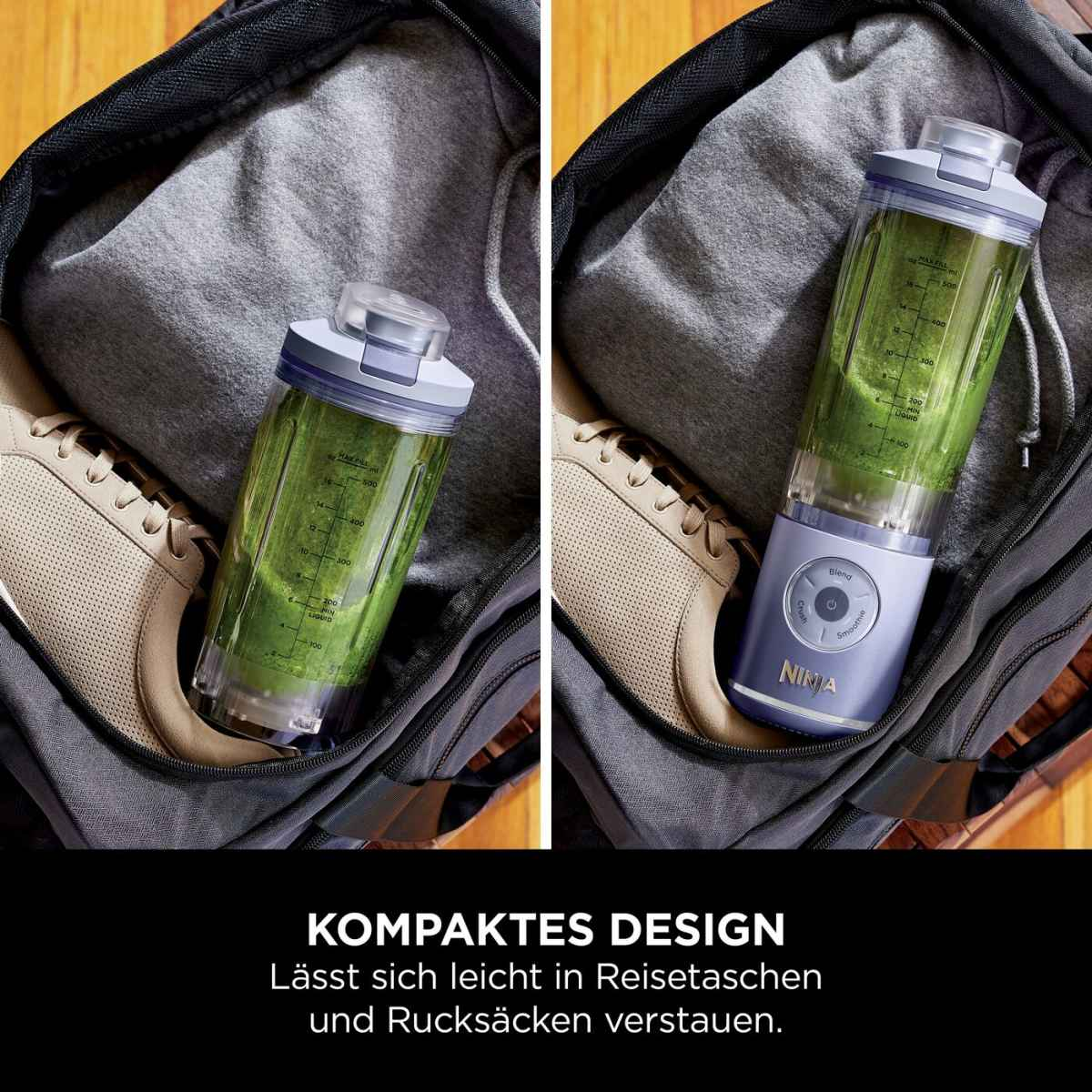 Un mixeur portable avec smoothie vert dans un sac à côté de chaussures.