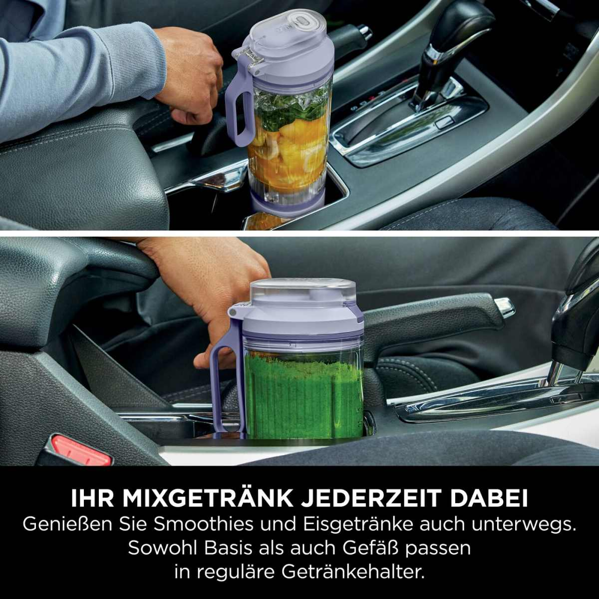 Un mixeur portable avec des fruits et un mélange de poudre verte dans une voiture.