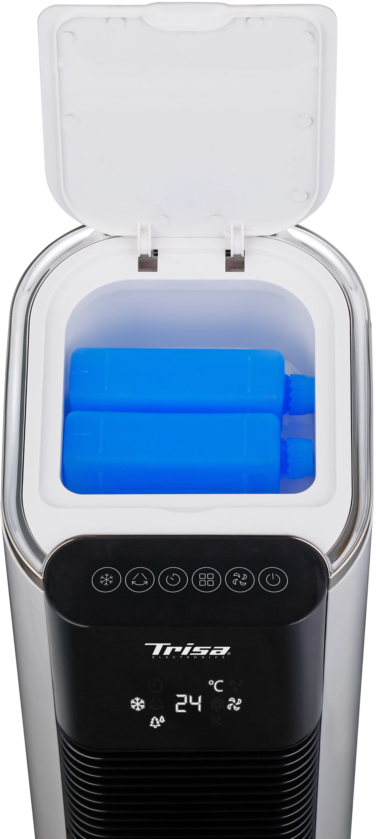 Un refrigeratore con due impacchi di ghiaccio blu all'interno e un display digitale.