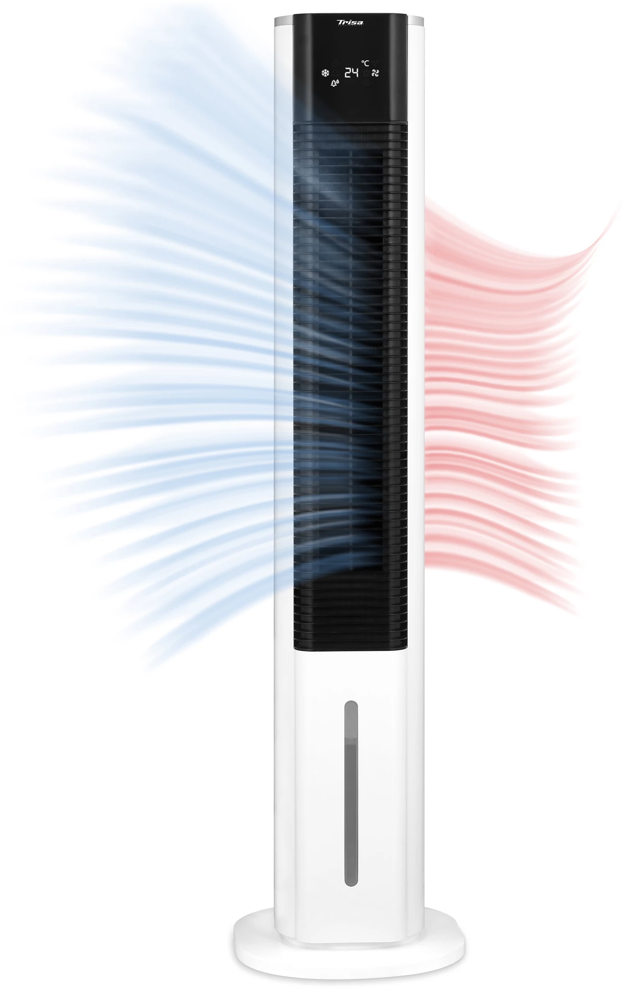 Un ventilatore a torre bianco e sottile con griglia nera e display digitale, che emette flussi d'aria blu e rossi.