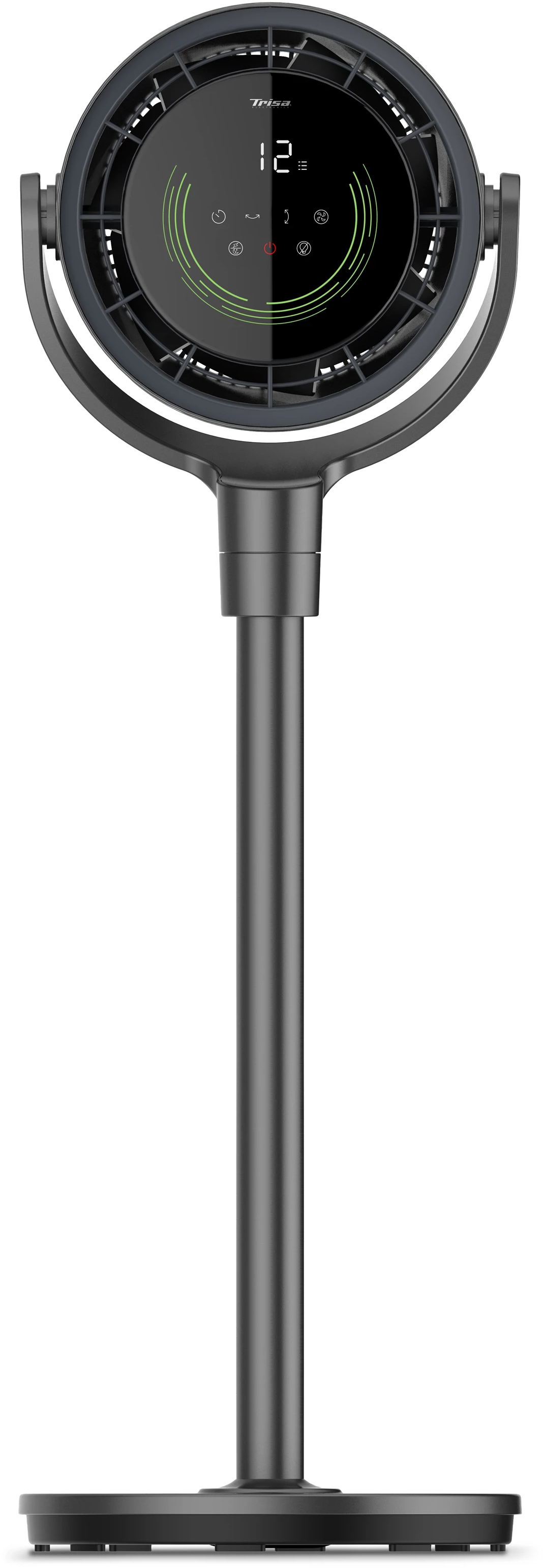 Ein dunkler Standventilator mit digitaler Anzeige und runden Touch-Bedienfeldern.