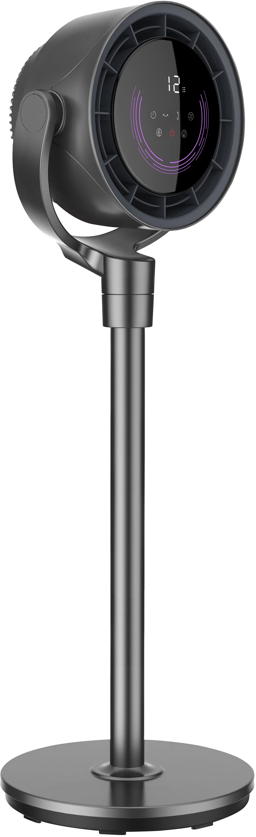 Ein dunkler Standventilator mit digitaler Anzeige und Bedienknöpfen.