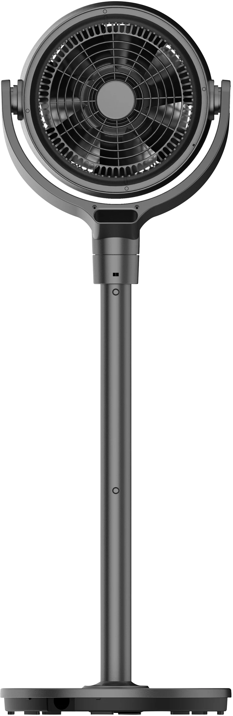 Ein dunkler, moderner Standventilator mit rundem Kopf und schlankem Ständer auf runder Basis.