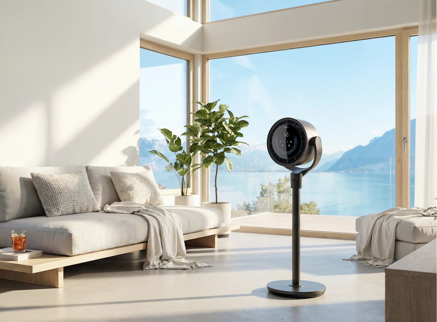 Ein moderner Ventilator steht neben einem Sofa in einem hellen Raum mit Blick auf einen See.