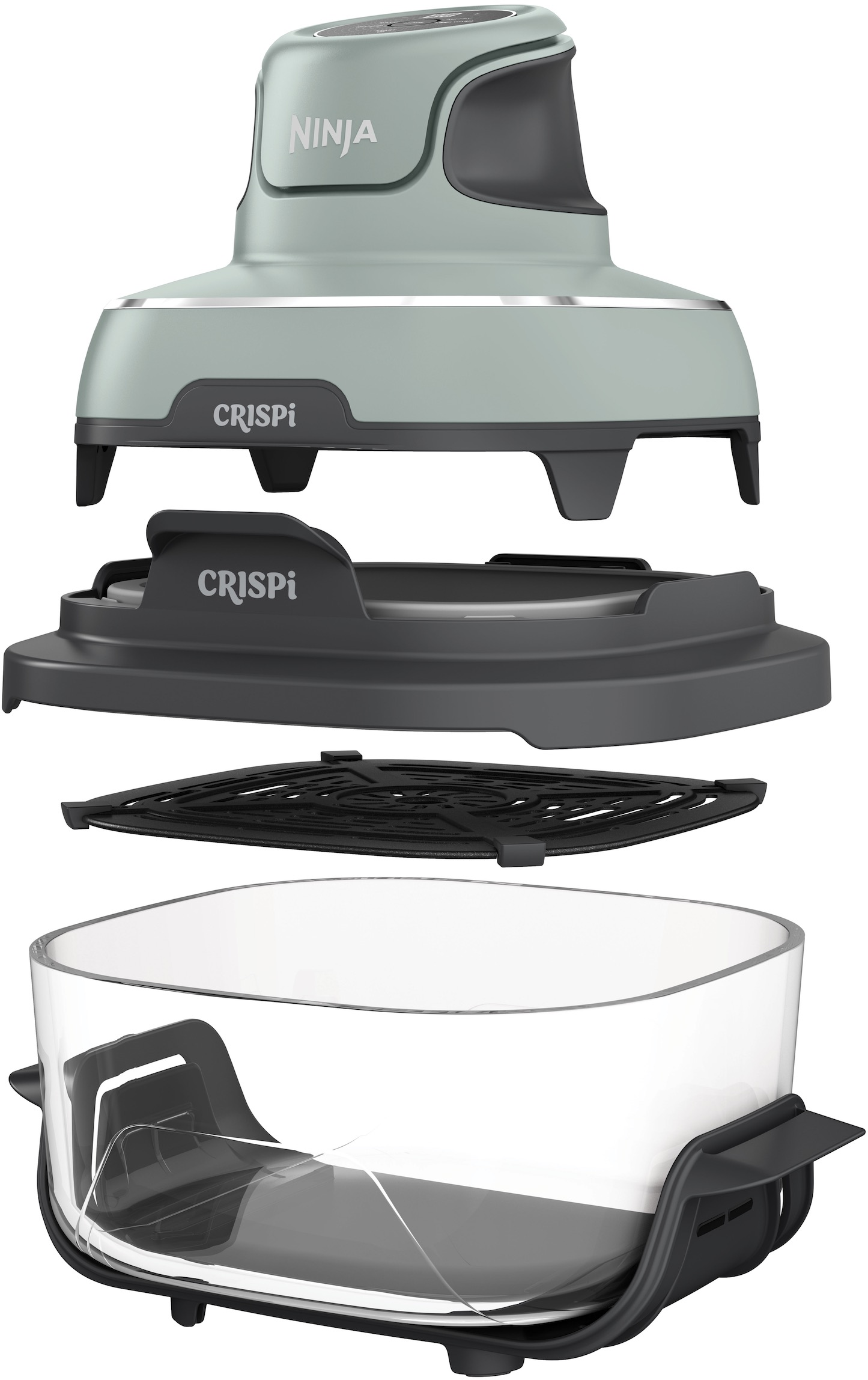 Dessus de friteuse à air Ninja Crispi démonté avec pot en verre, grille et couvercle.