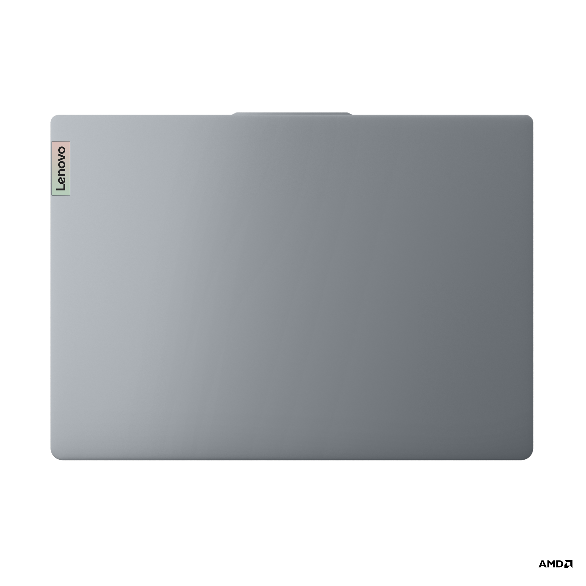 Sol üst köşede Lenovo logosu bulunan gri dizüstü bilgisayar.