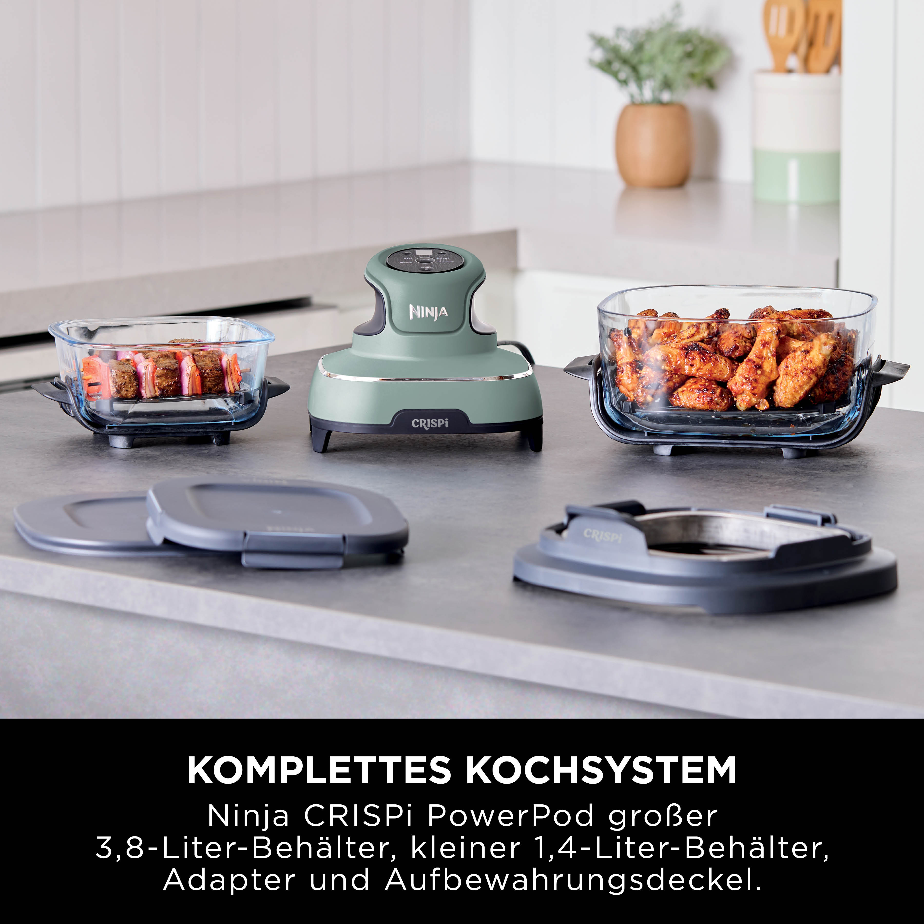 Ninja CRISPi PowerPod avec deux récipients en verre, un pour la viande et un pour le poulet.