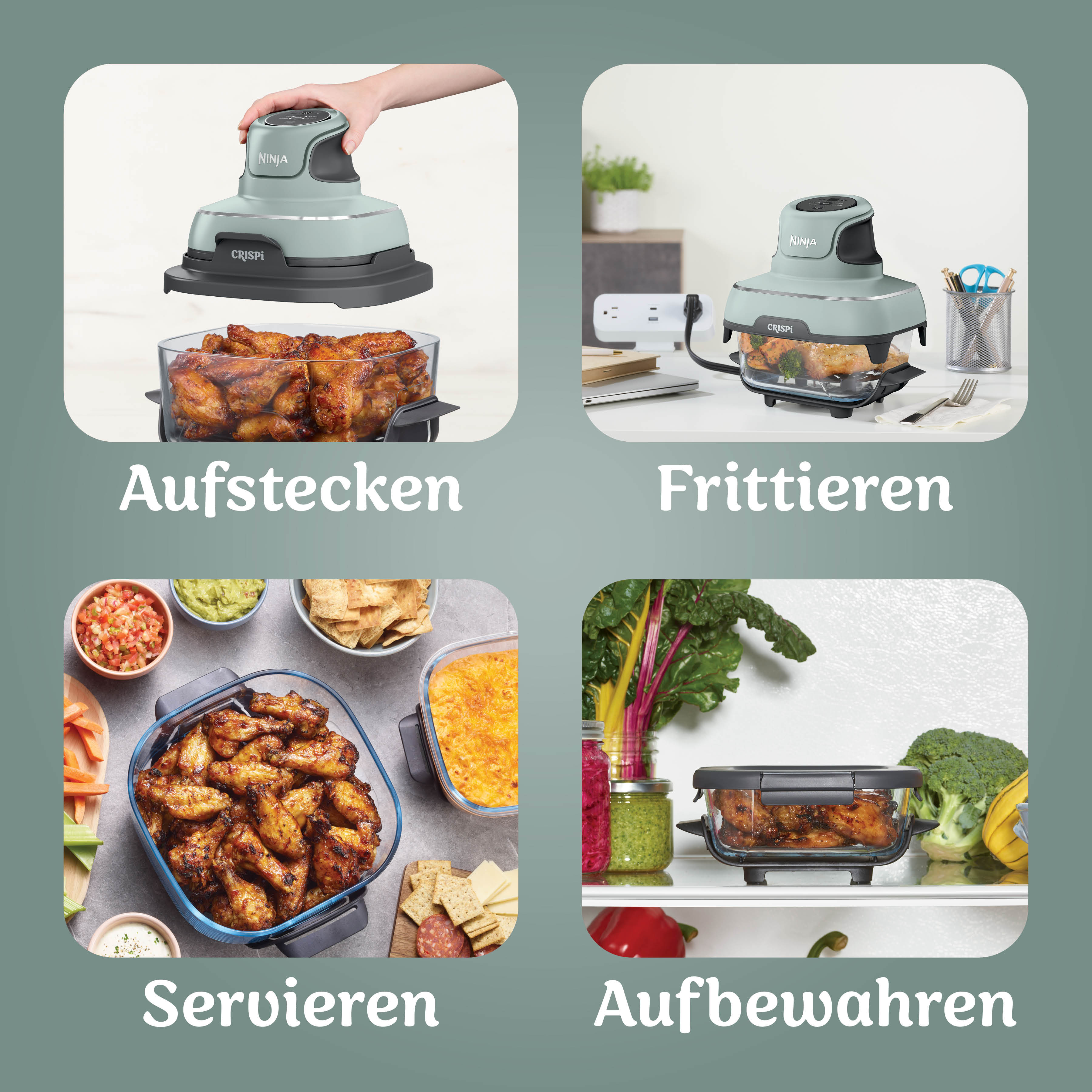 Quatre images : Fixation, Friture, Service et Conservation des aliments.