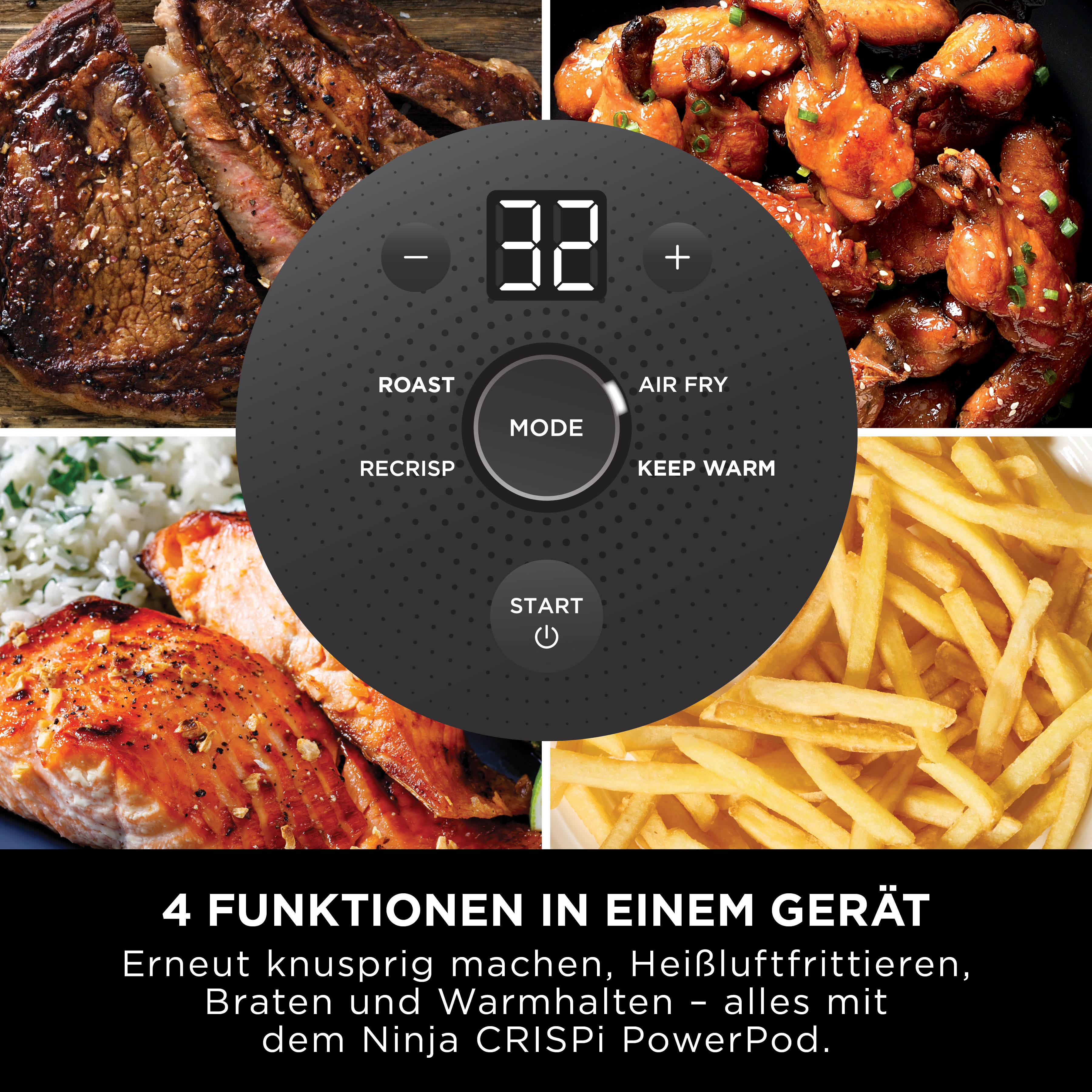 Quatre aliments: steak, ailes de poulet, saumon avec riz, frites. Centre: panneau.