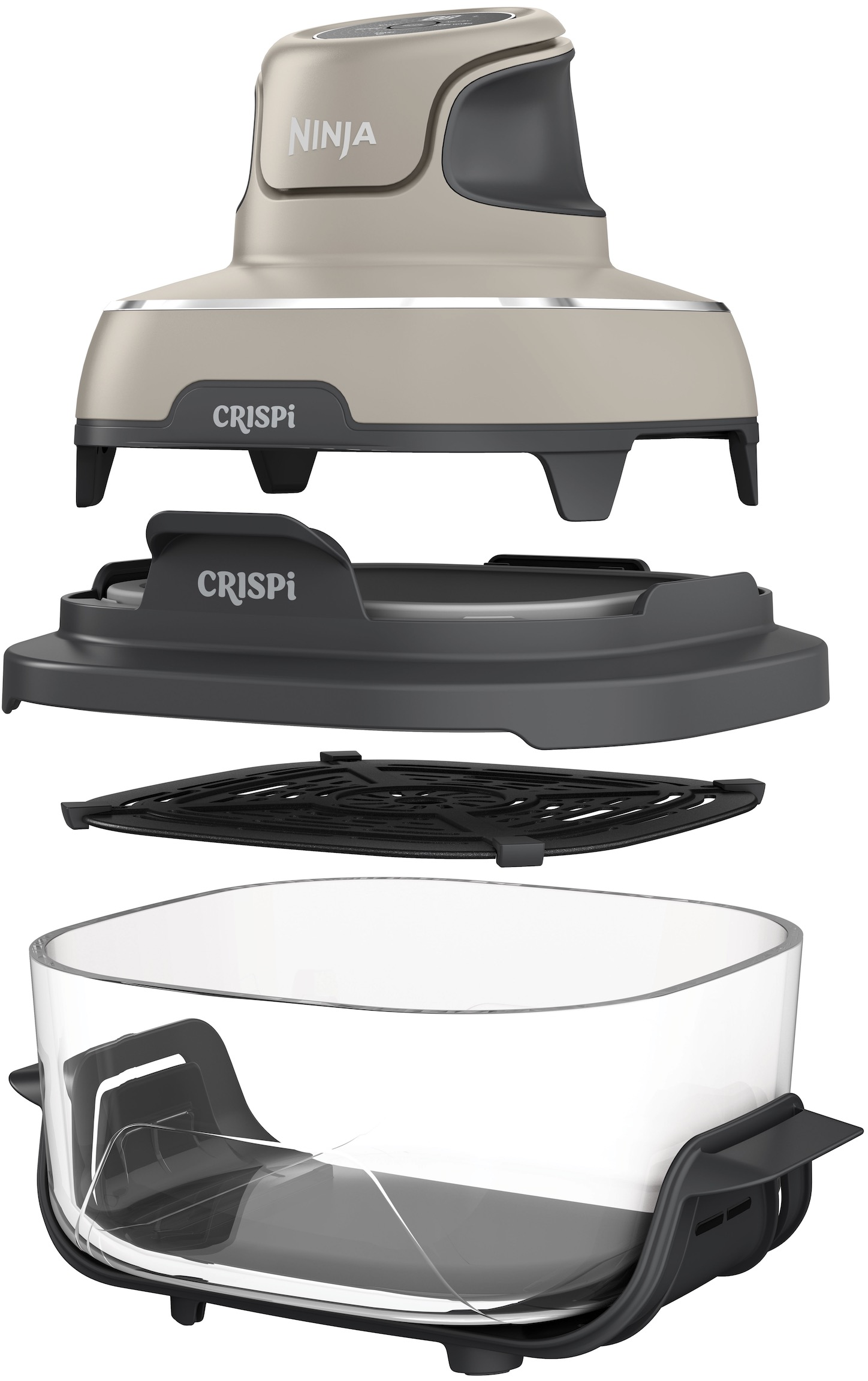Un couvercle, insert, plaque de cuisson et bol en verre Ninja Crispi.