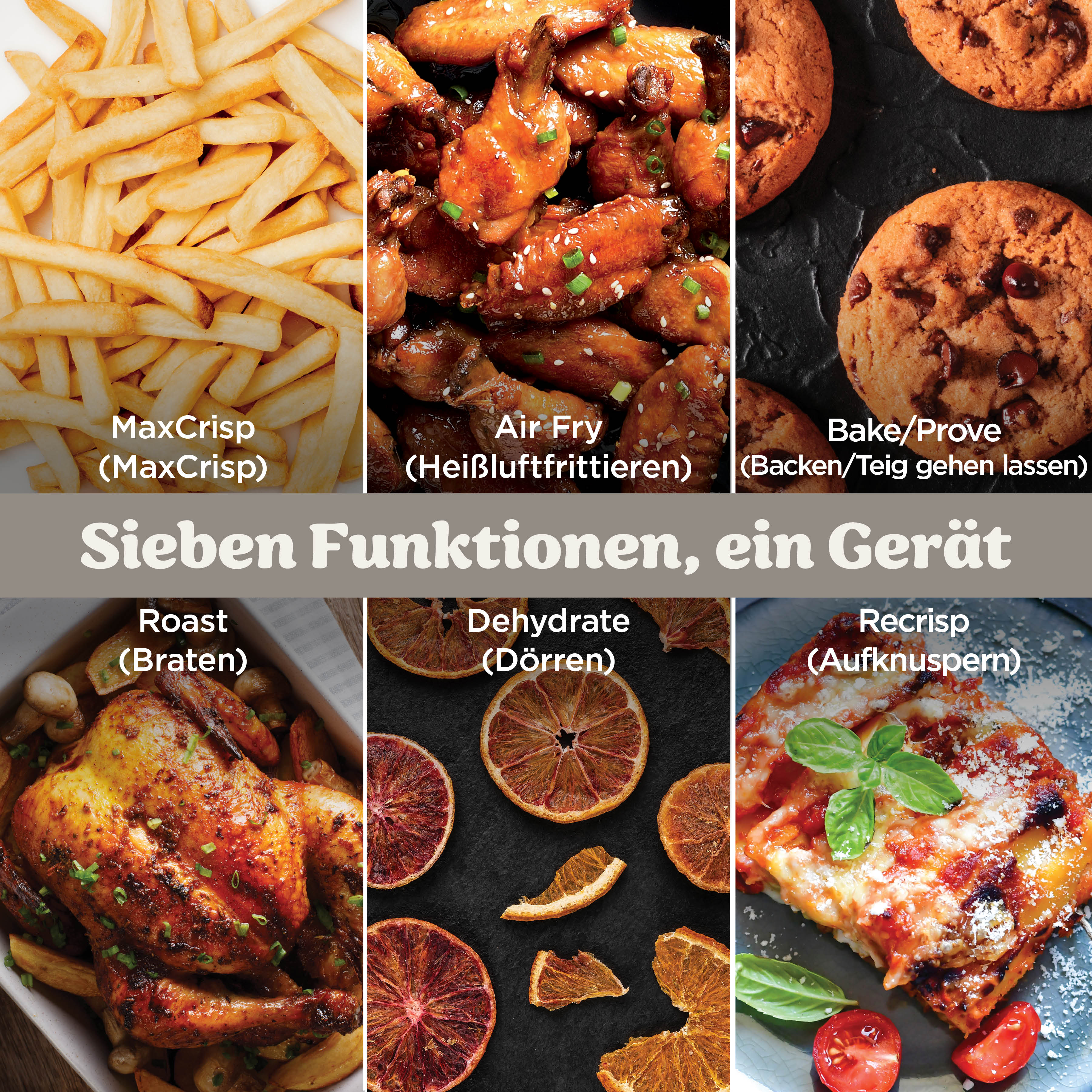 Collage von Lebensmitteln: Pommes, Hähnchenflügel, Kekse, Brathähnchen, Trockenorangen, Pizza.