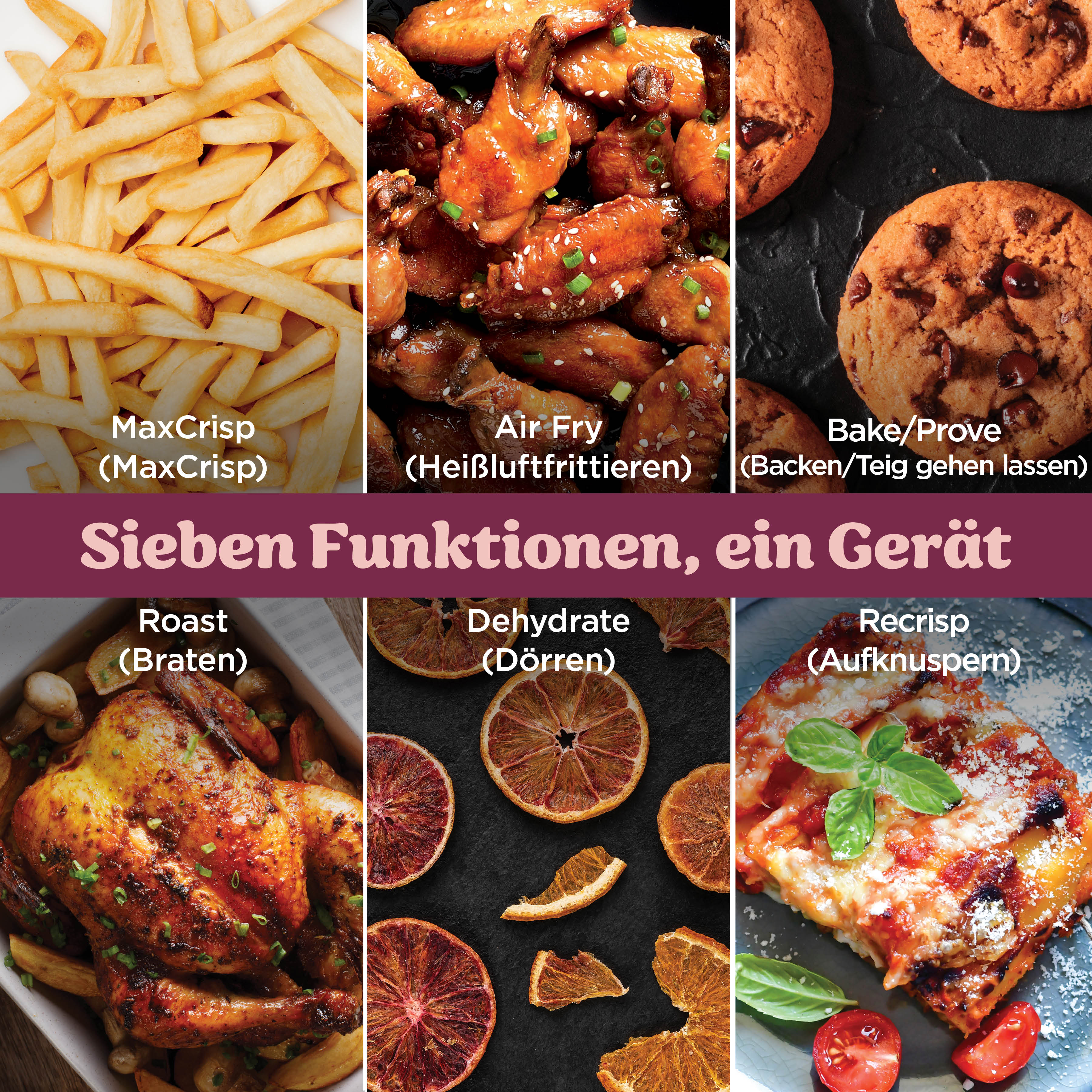Collage aus Lebensmitteln: Pommes, Hähnchenflügel, Kekse, Brathähnchen, Trockenorangen, Pizza.