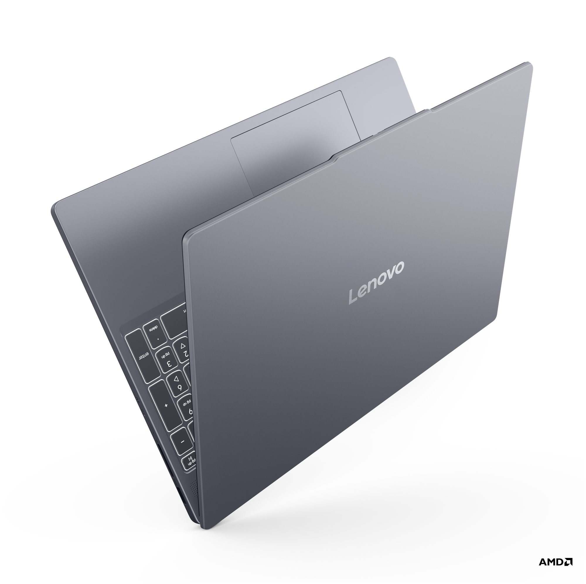 Kısmen açık, aydınlatmalı klavyeli gri Lenovo dizüstü bilgisayar.