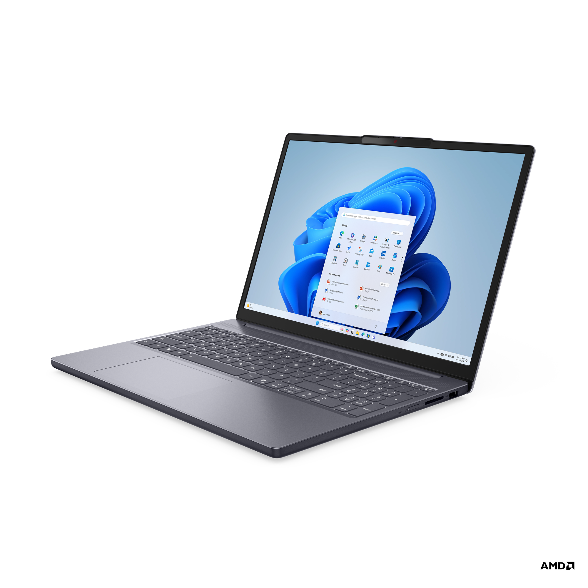 Ekranında Windows 11 başlangıç menüsünü gösteren gri bir dizüstü bilgisayar.