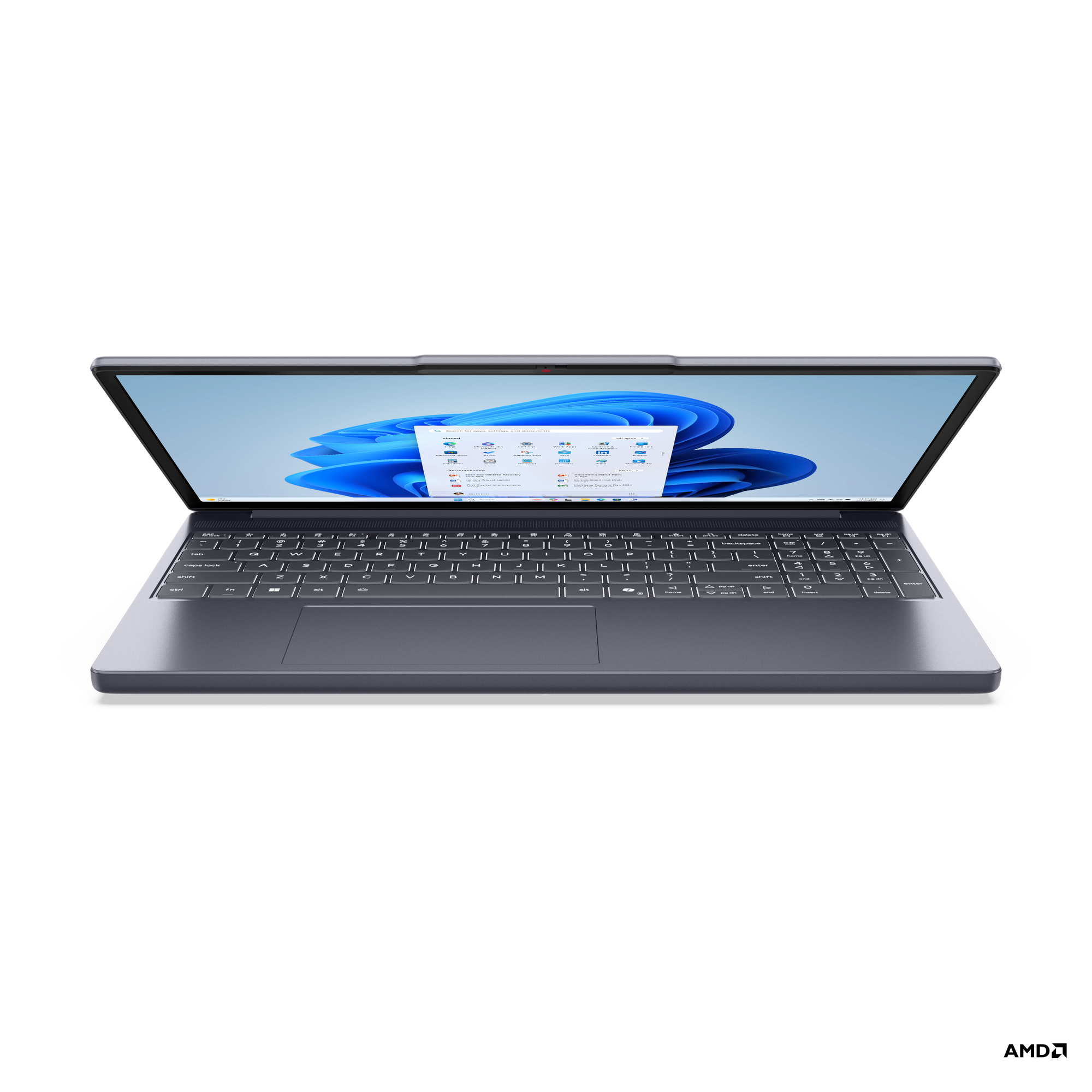 Arkadan aydınlatmalı klavyeli ve Windows başlangıç menülü açık gri bir dizüstü bilgisayar.