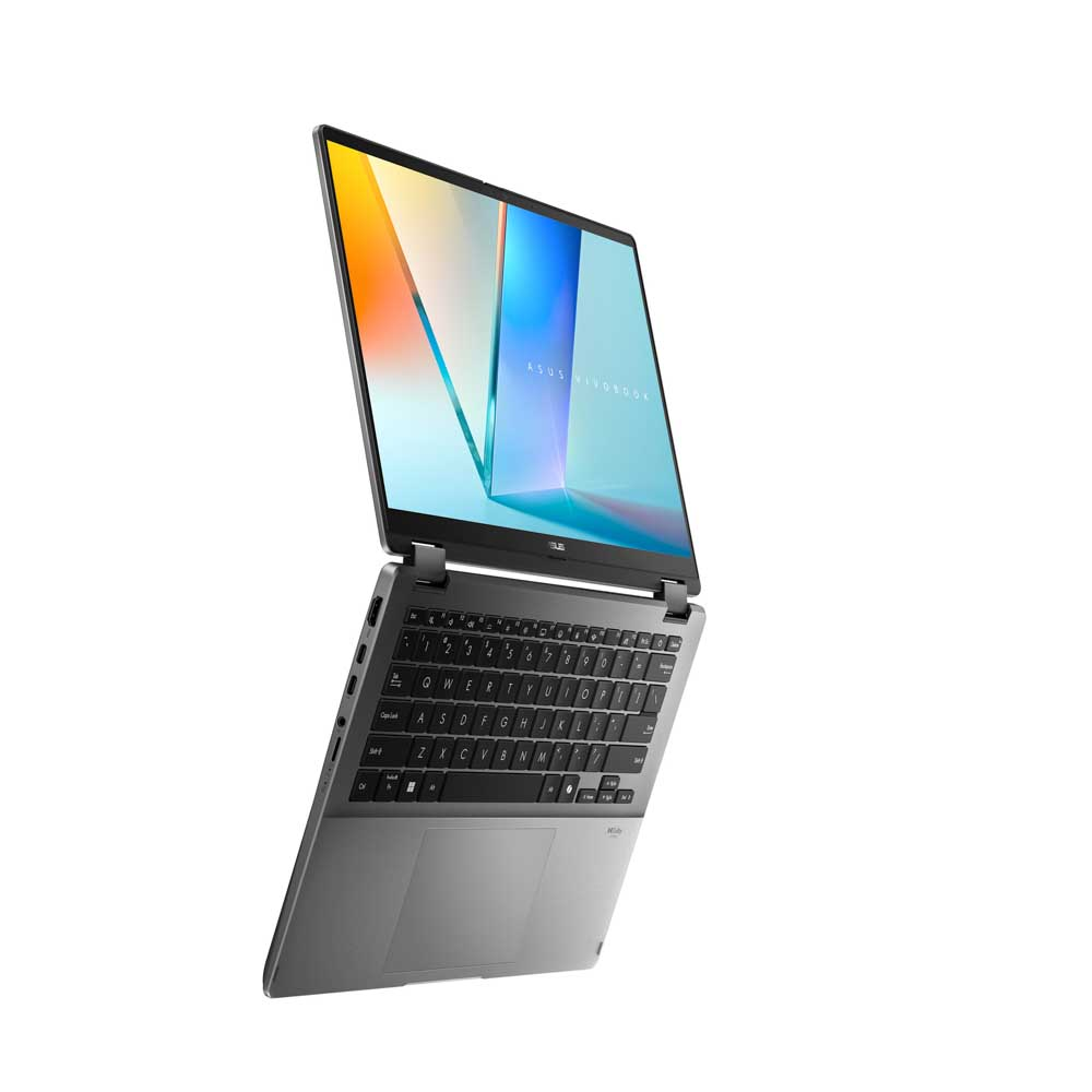 Gri Asus Vivobook dizüstü bilgisayar, açık, klavye ve ekranı görünüyor.