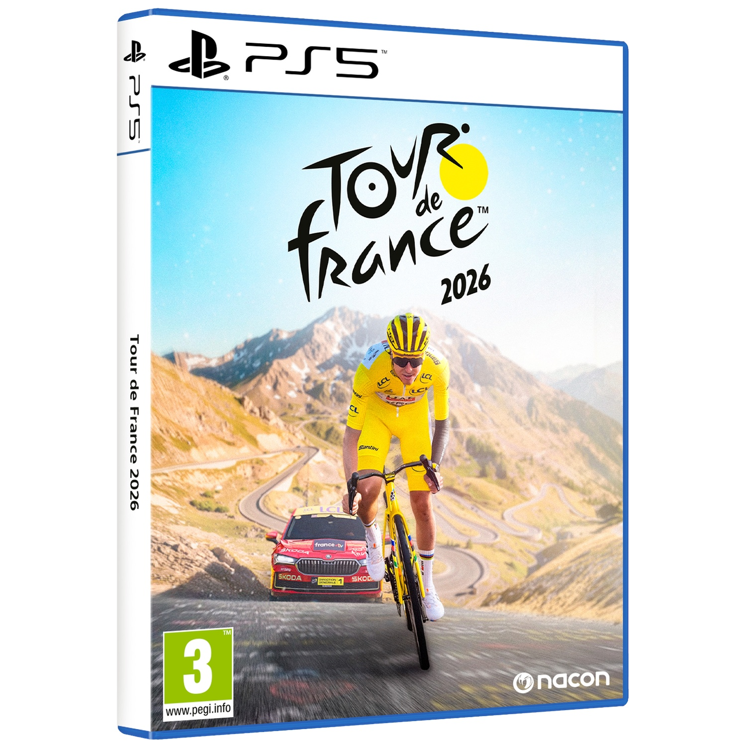 A cyclist in yellow rides down a mountain pass, a red car follows.