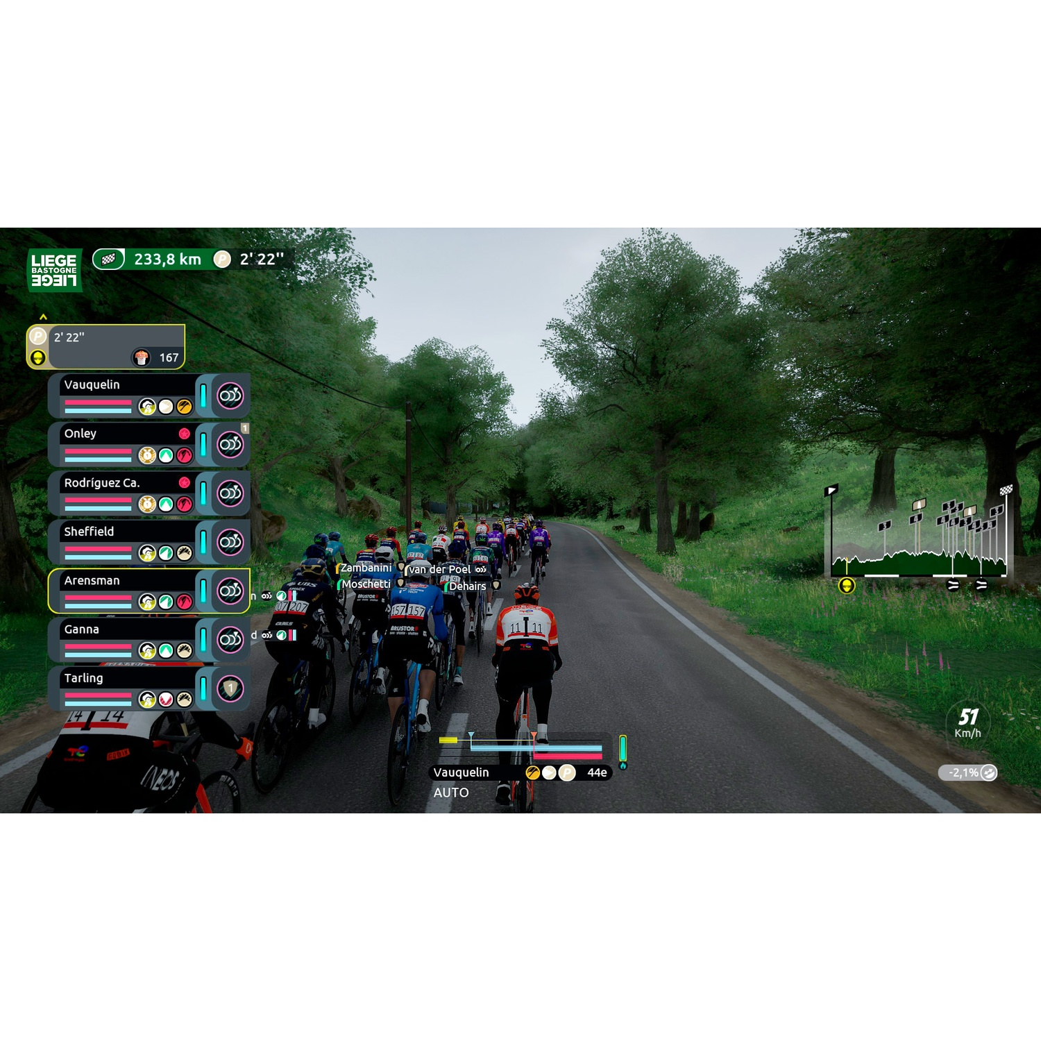Cycling race scene with riders on a road surrounded by trees.