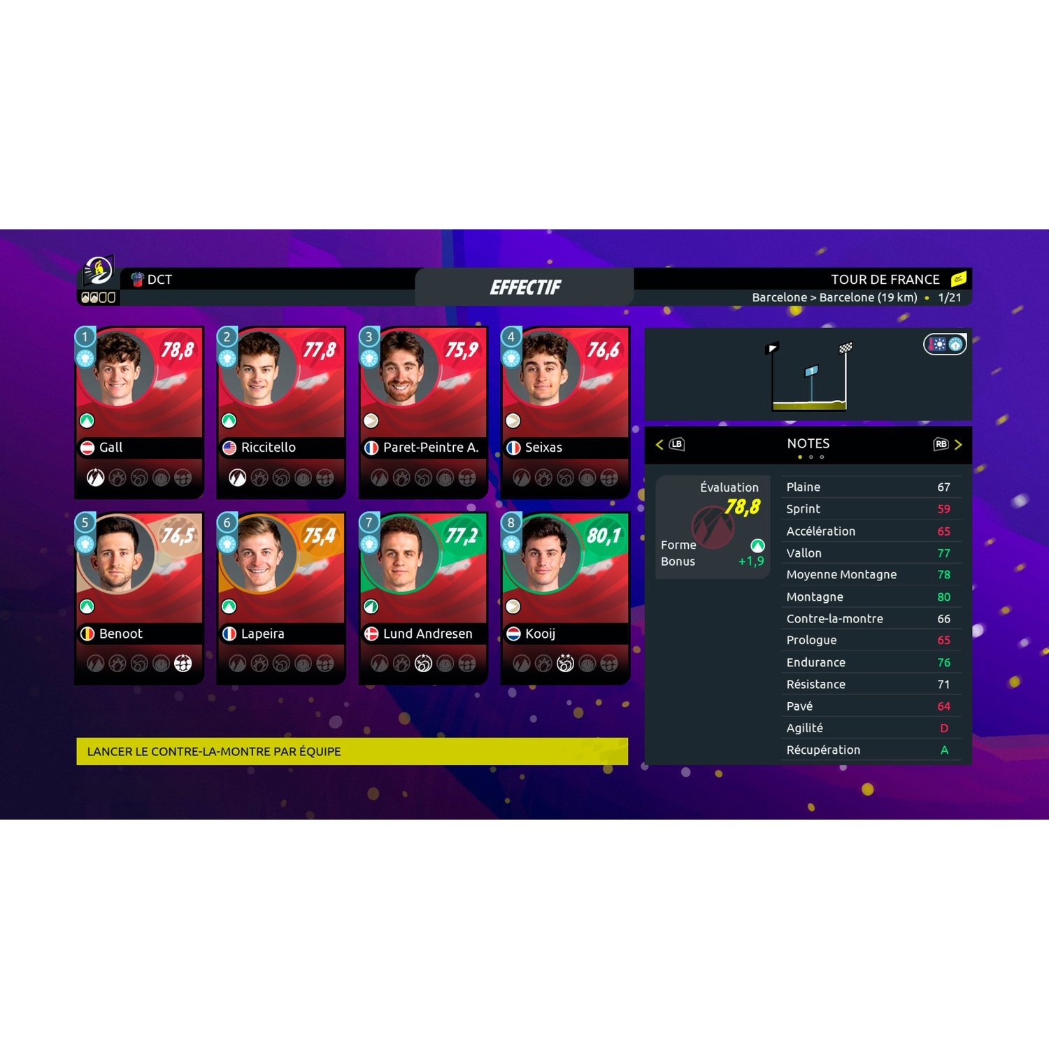 Cycling game: Roster screen with player ratings, stats and Tour de France logo.