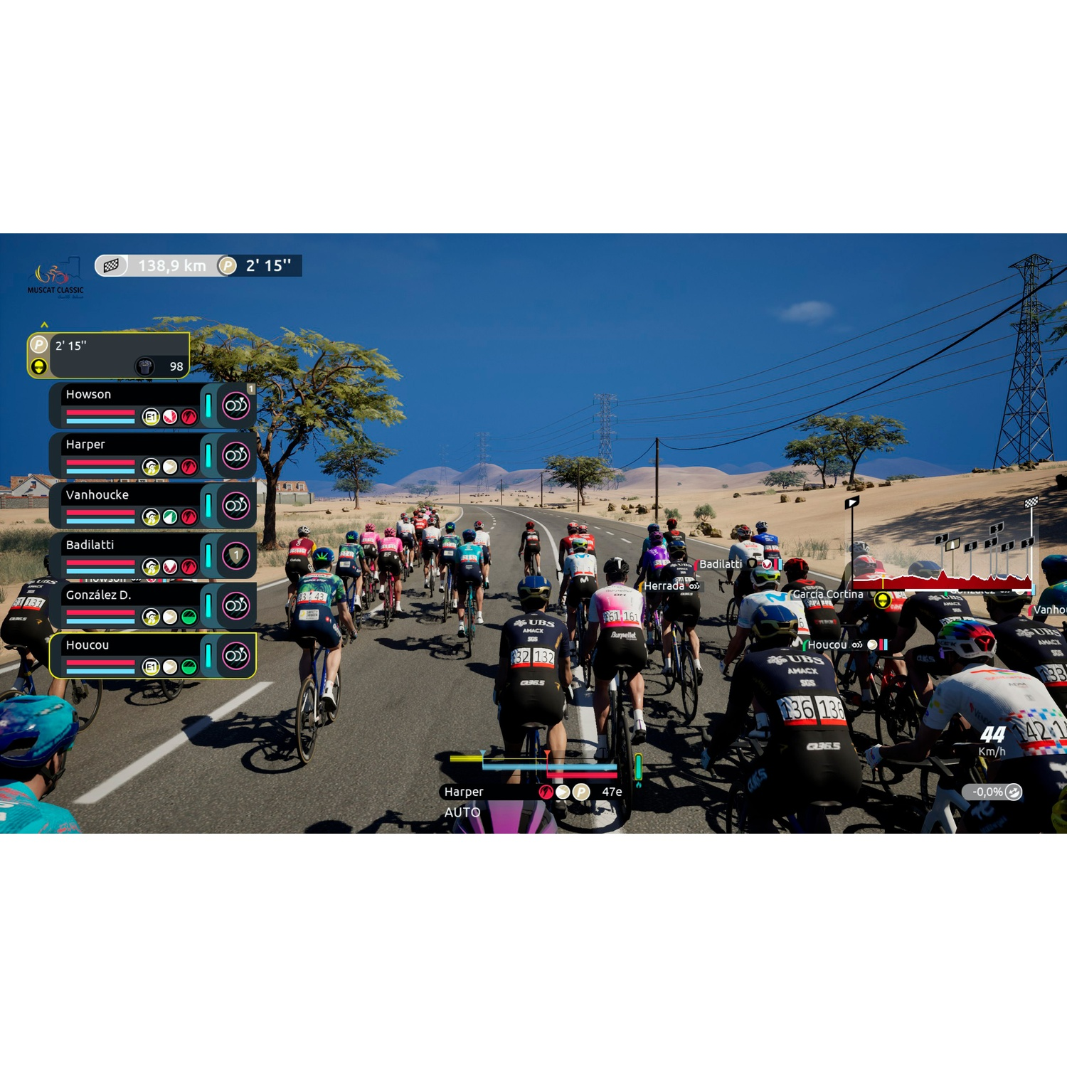 A peloton of cyclists races on a road with power lines and desert scenery under a blue sky.