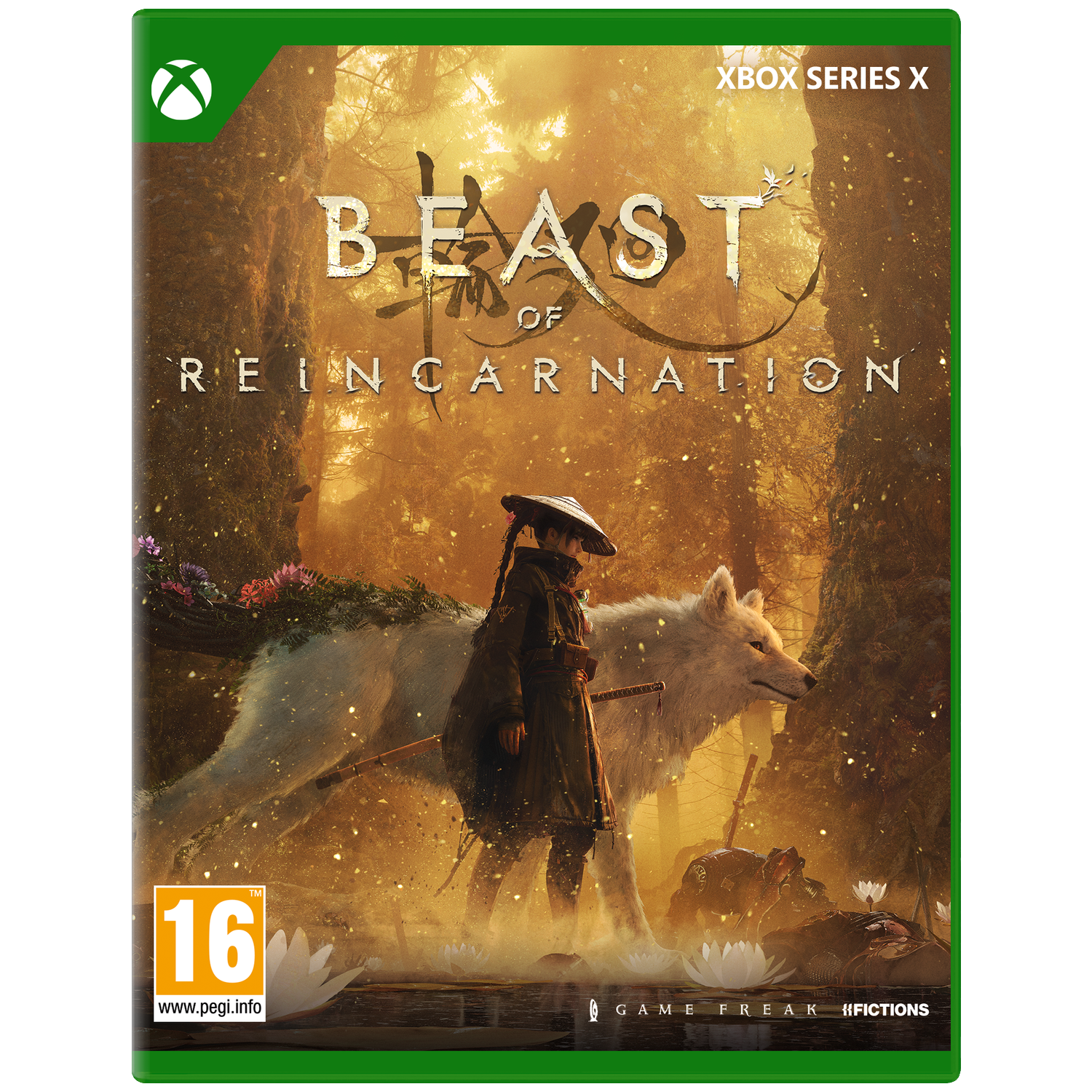A girl and a white wolf stand in a misty forest. Title: Beast of Reincarnation.