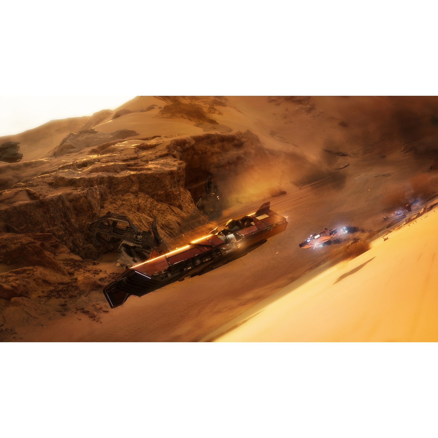 Deux véhicules futuristes traversent un paysage désertique avec des falaises rocheuses.