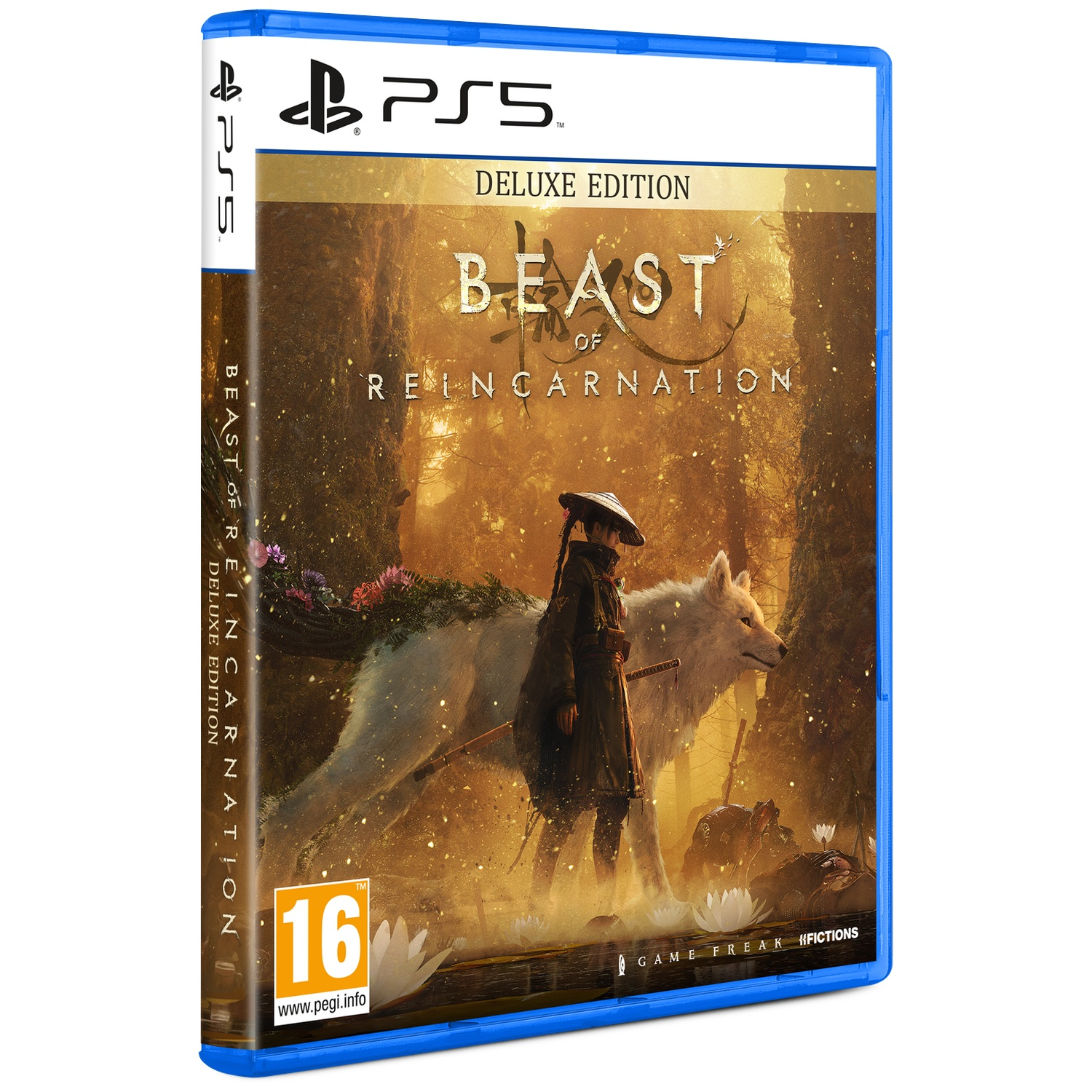 PS5 game cover: A person and a white wolf in a forest. Deluxe Edition.