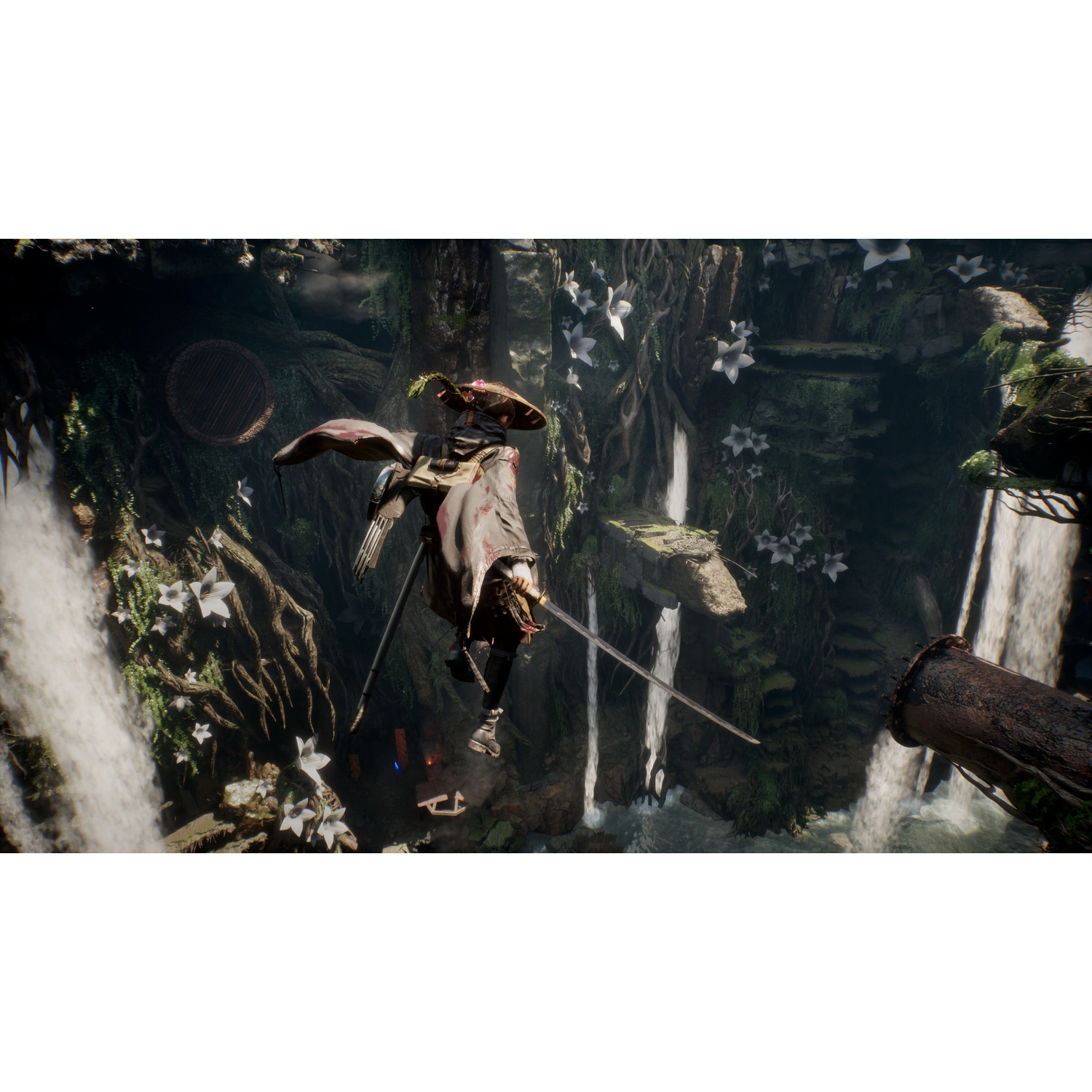 A warrior in a hat and holding a sword jumps amid waterfalls and flowers.