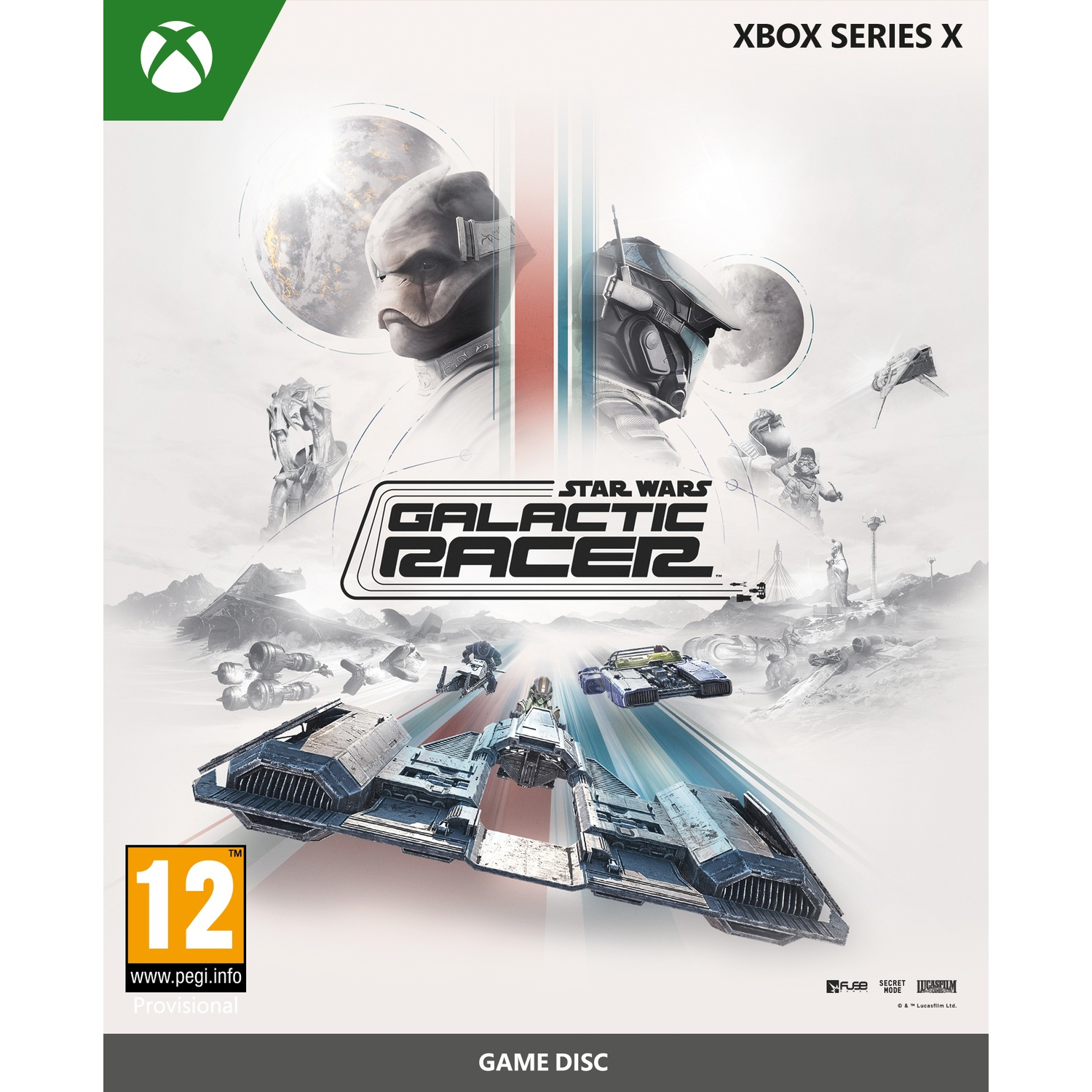 Couverture du jeu Star Wars: Galactic Racer pour Xbox Series X, avec des vaisseaux et des personnages.