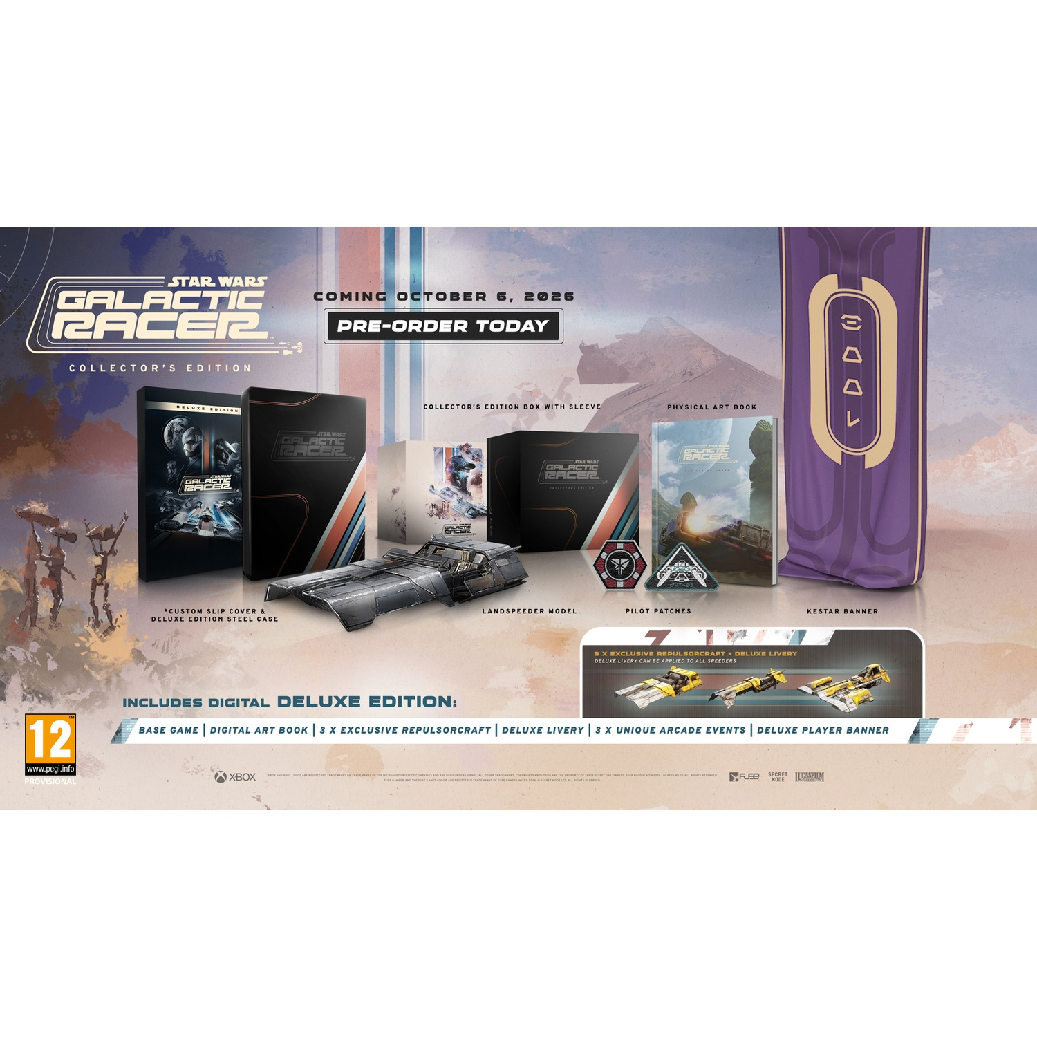 Édition Collector Star Wars Galactic Racer avec jeu, artbook, jaquette et speeder.