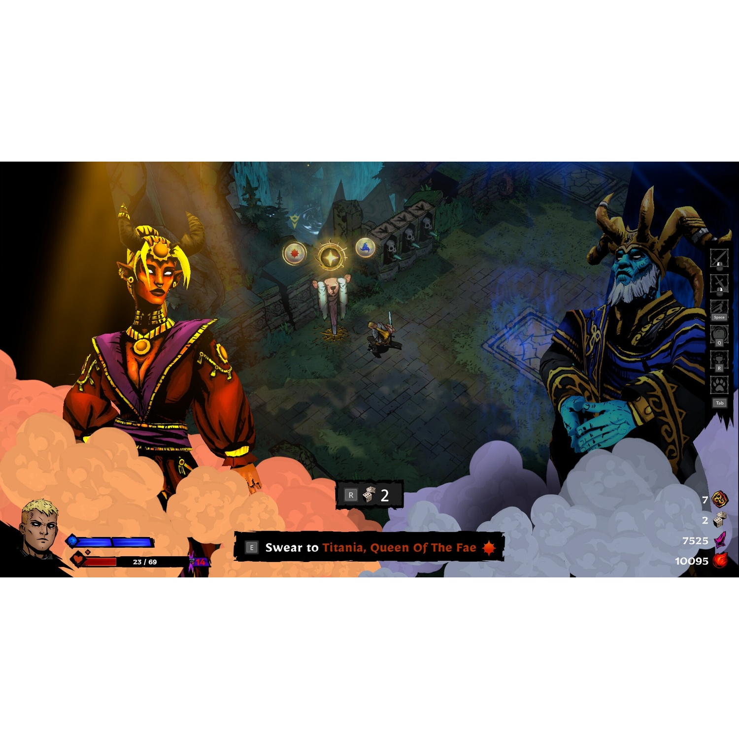 Een spelscherm met personages en UI. Een blonde man links, een vrouw met hoorns en een blauwe man met hoorns rechts.