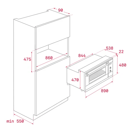 Dibujo técnico de un horno empotrable con dimensiones.