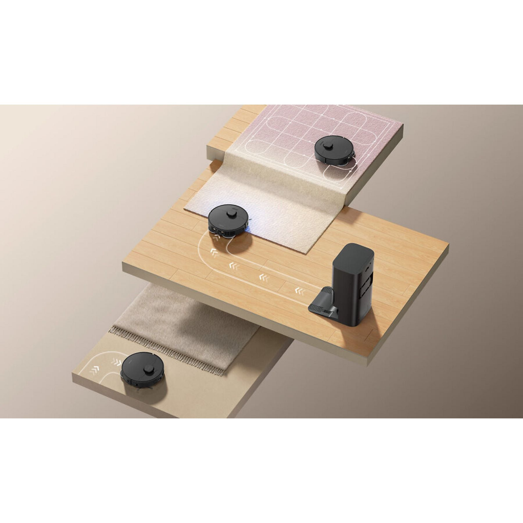 Tres robots aspiradores negros en diferentes niveles con suelo de madera y alfombra.