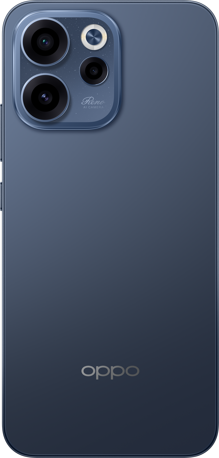 Teléfono inteligente azul oscuro con conjunto de cámaras y logo OPPO.