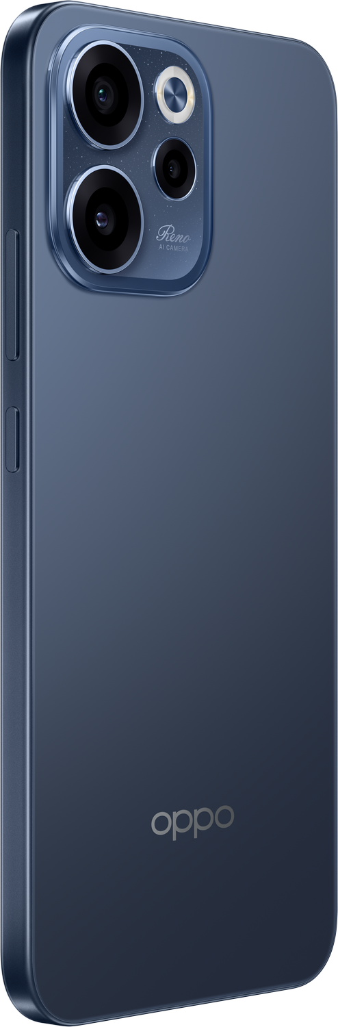 Parte trasera de un smartphone Oppo Reno azul oscuro con triple cámara.