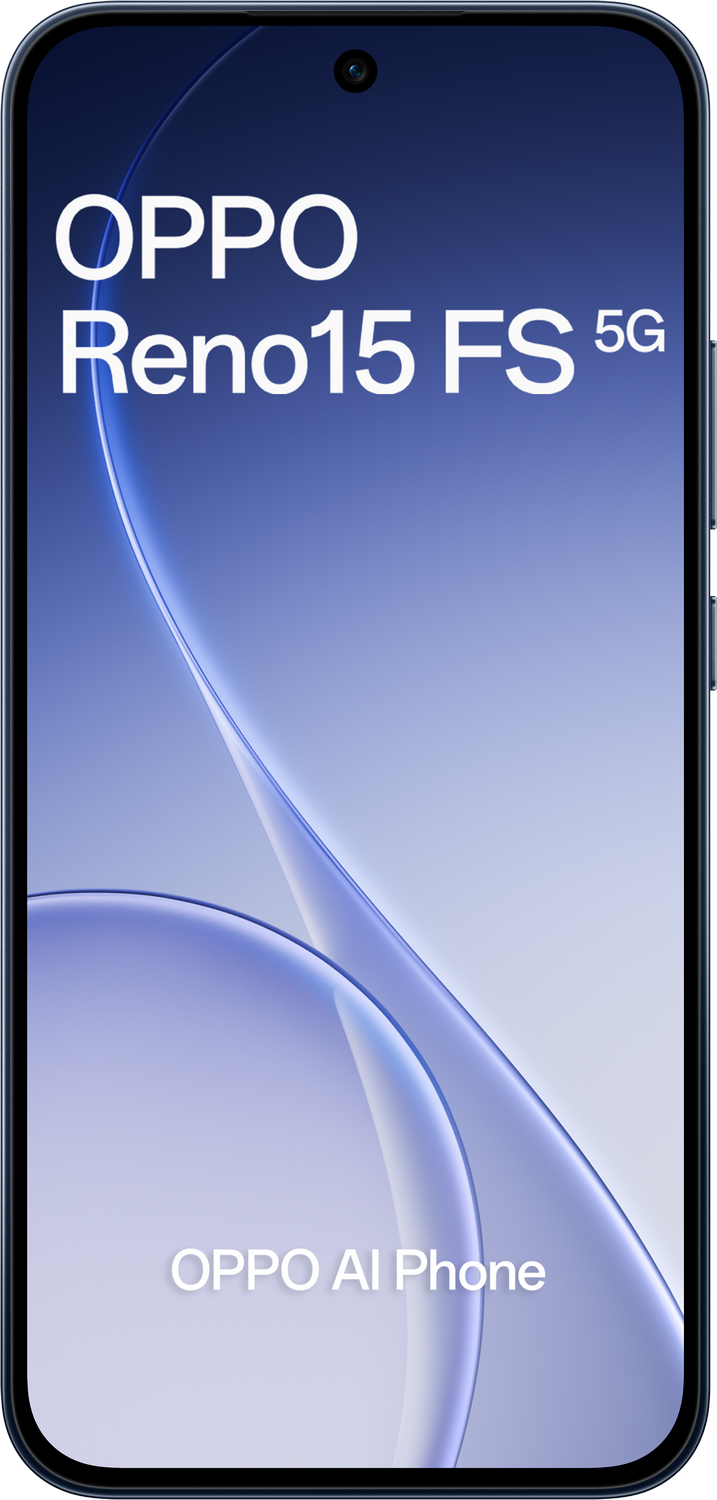 OPPO Reno15 FS 5G y OPPO AI Phone texto sobre fondo azul.
