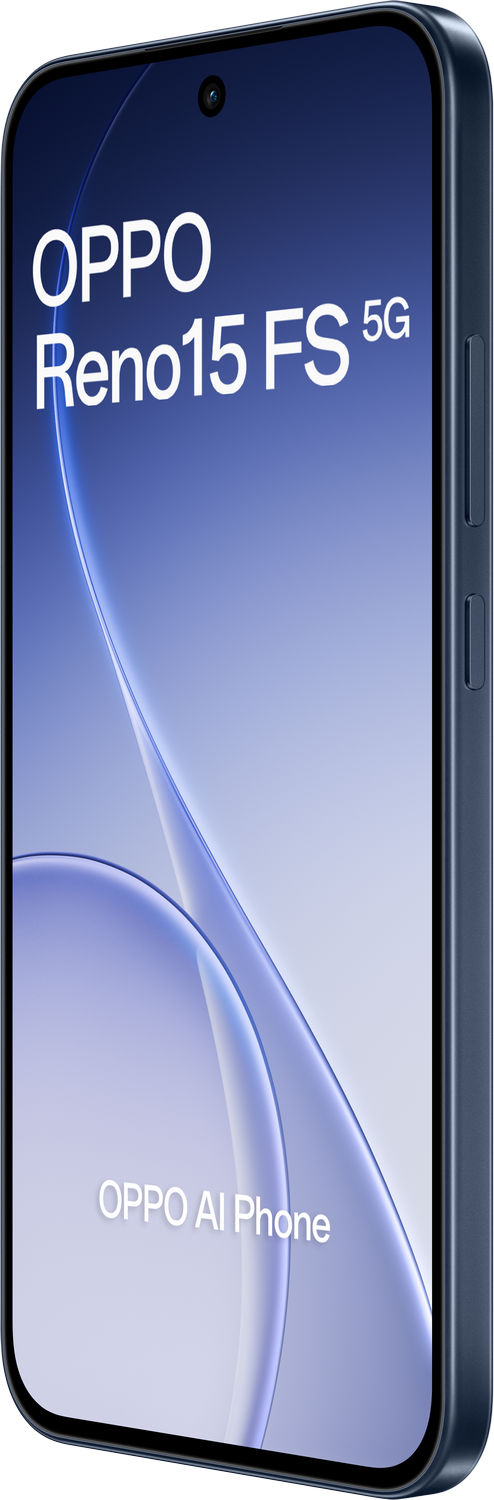 Un smartphone OPPO Reno15 FS 5G azul con texto "OPPO AI Phone".